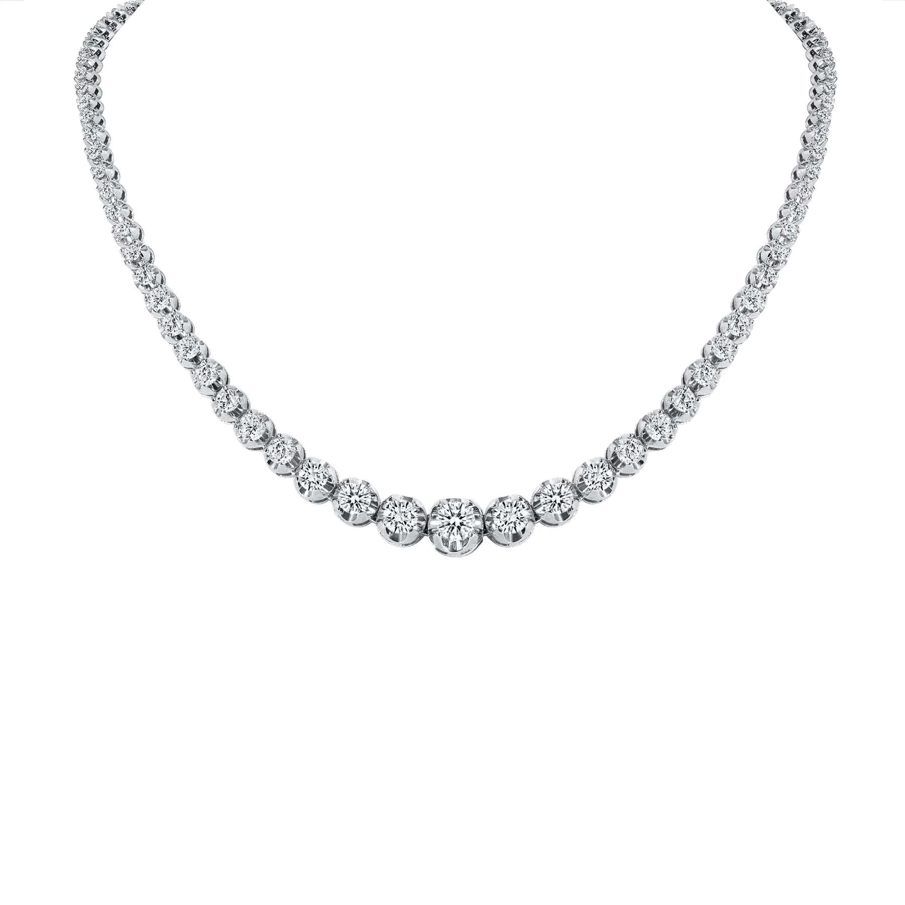 Modern Graduated Illusion Setting 14K Yellow Gold Tennis Necklace For Sale