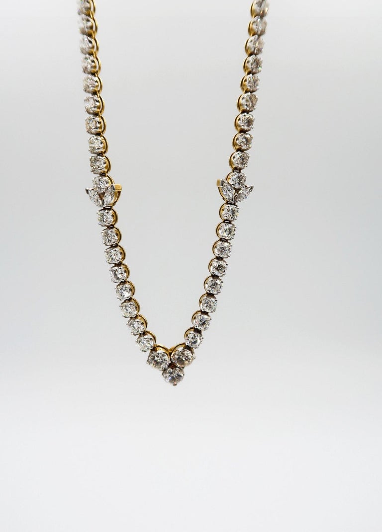Brilliant Cut Graduated Diamond V Shaped Necklace with Marquise Diamond Detail in 22K Gold For Sale