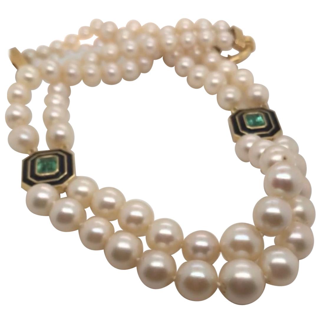 Antike Akoya-Perlen mit Turmalinen und schwarzer Emaille in 18 Karat Gelbgold