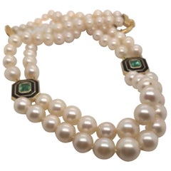 Antique Akoya Pearls with Tourmalines and Black Enamel in 18K Yellow Gold