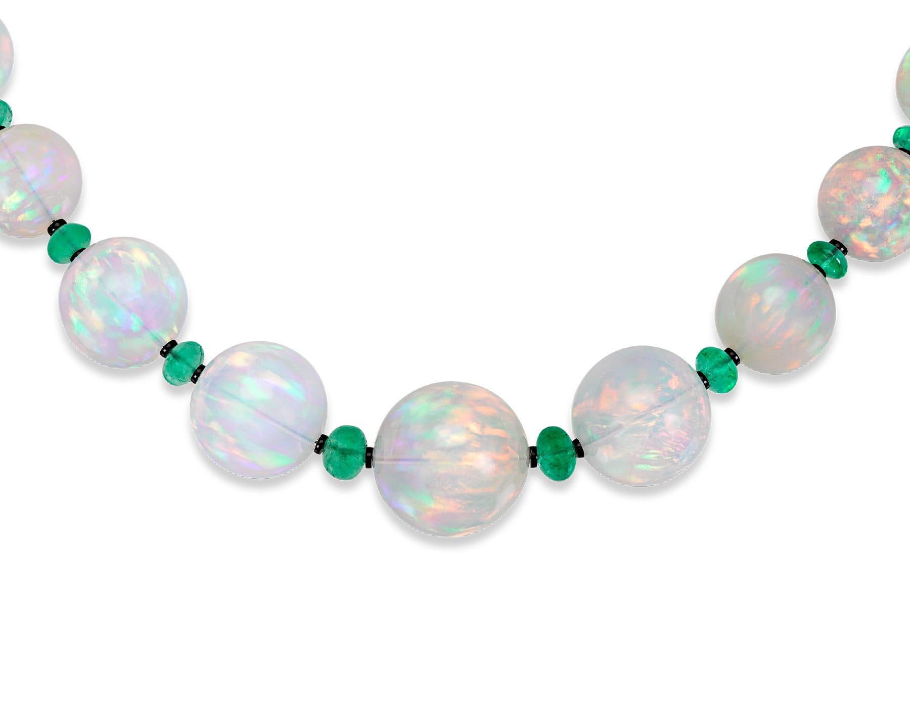 Thirty-three monumental Ethiopian opal beads totaling approximately 584.00 carats comprise this mesmerizing necklace. The graduated gems are not only impressive in size, but each exhibits a high level of translucence and extraordinary play of color.