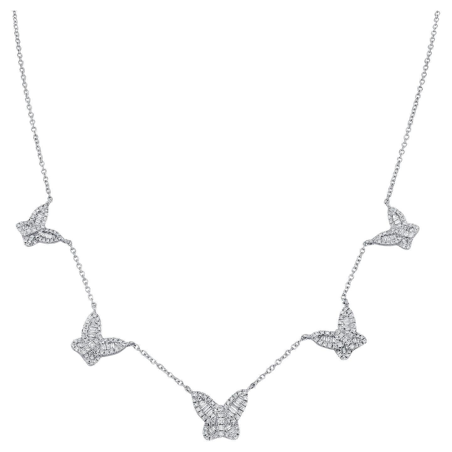 Graduated Five Station Diamond Butterfly Necklace 0.77 Carats 14KT White Gold