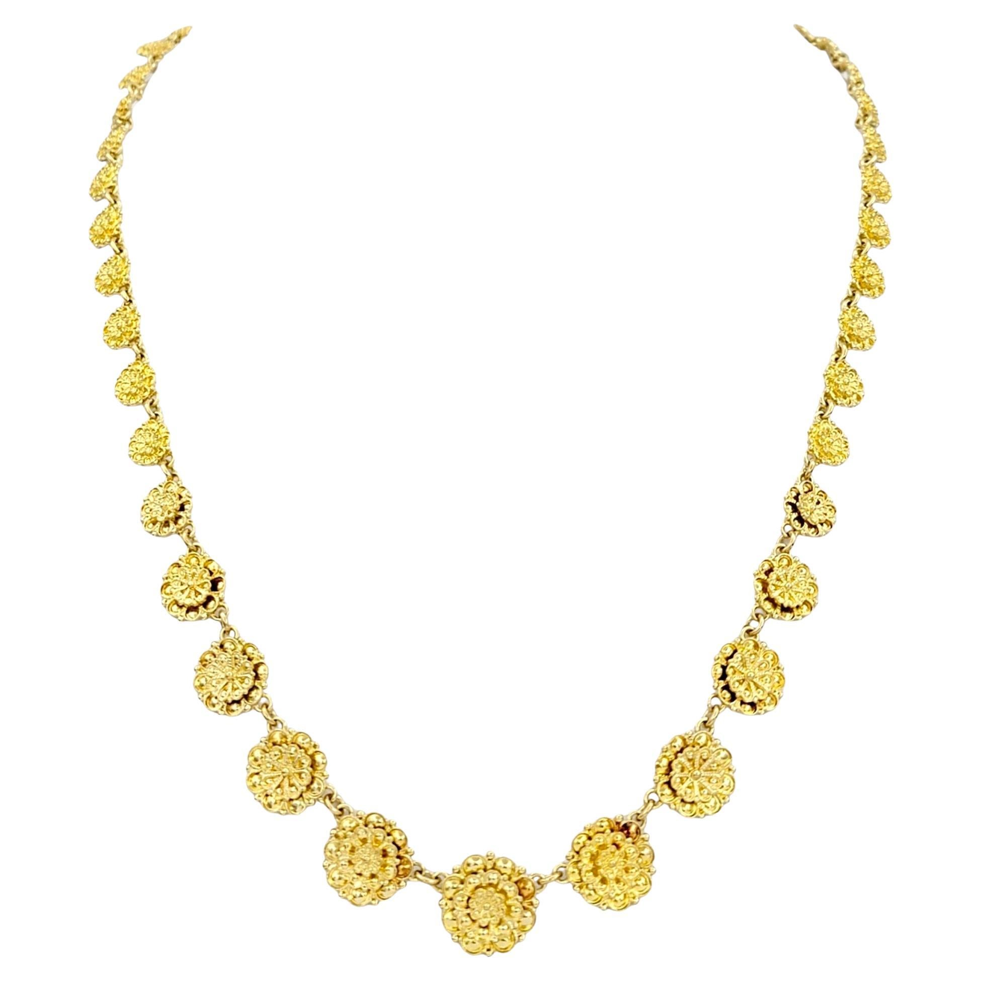 Graduated Flower Design Textured Link Necklace Set in 18 Karat Yellow Gold