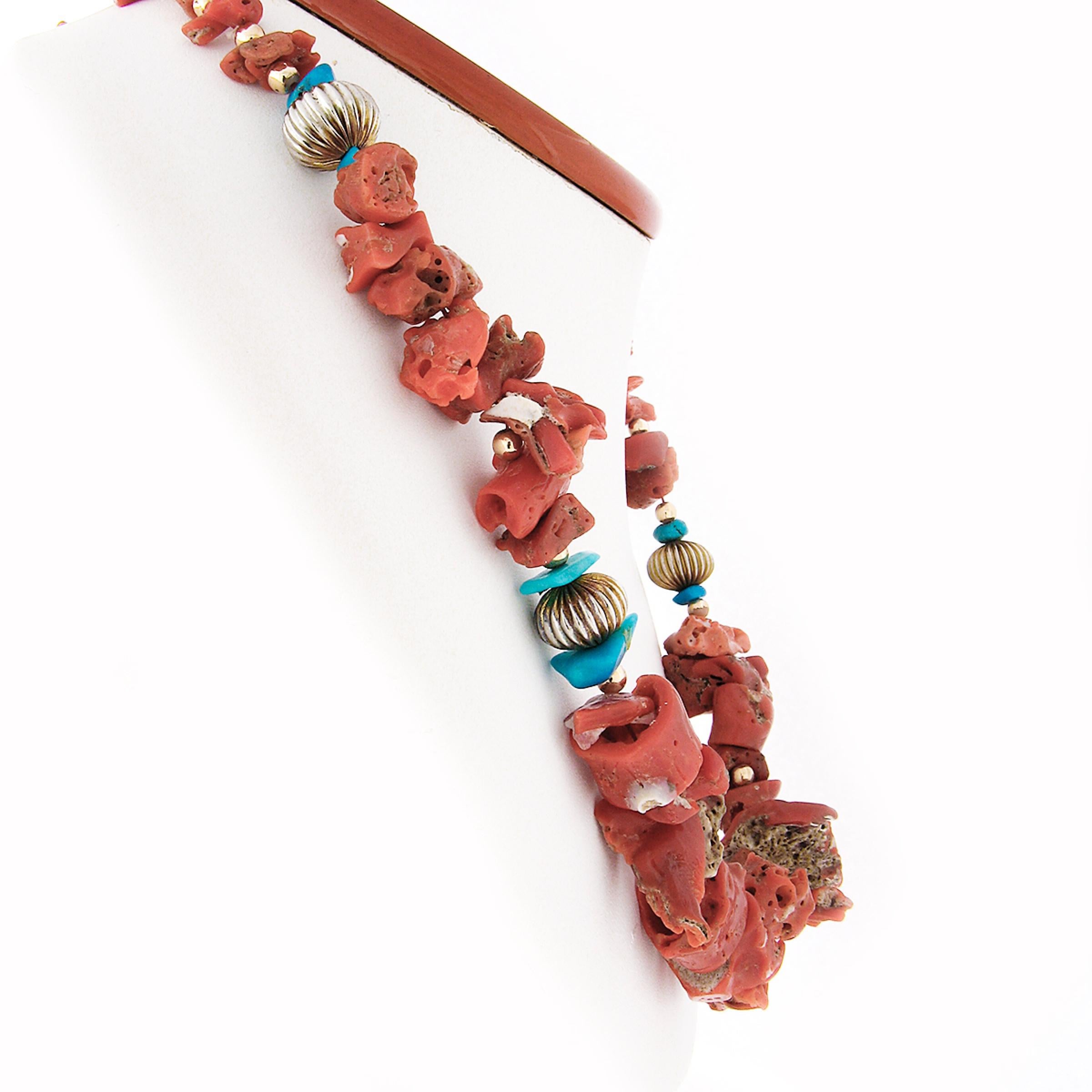 Graduated GIA Freeform Coral Turquoise & Scalloped Metal Beads Strand Necklace In Good Condition For Sale In Montclair, NJ