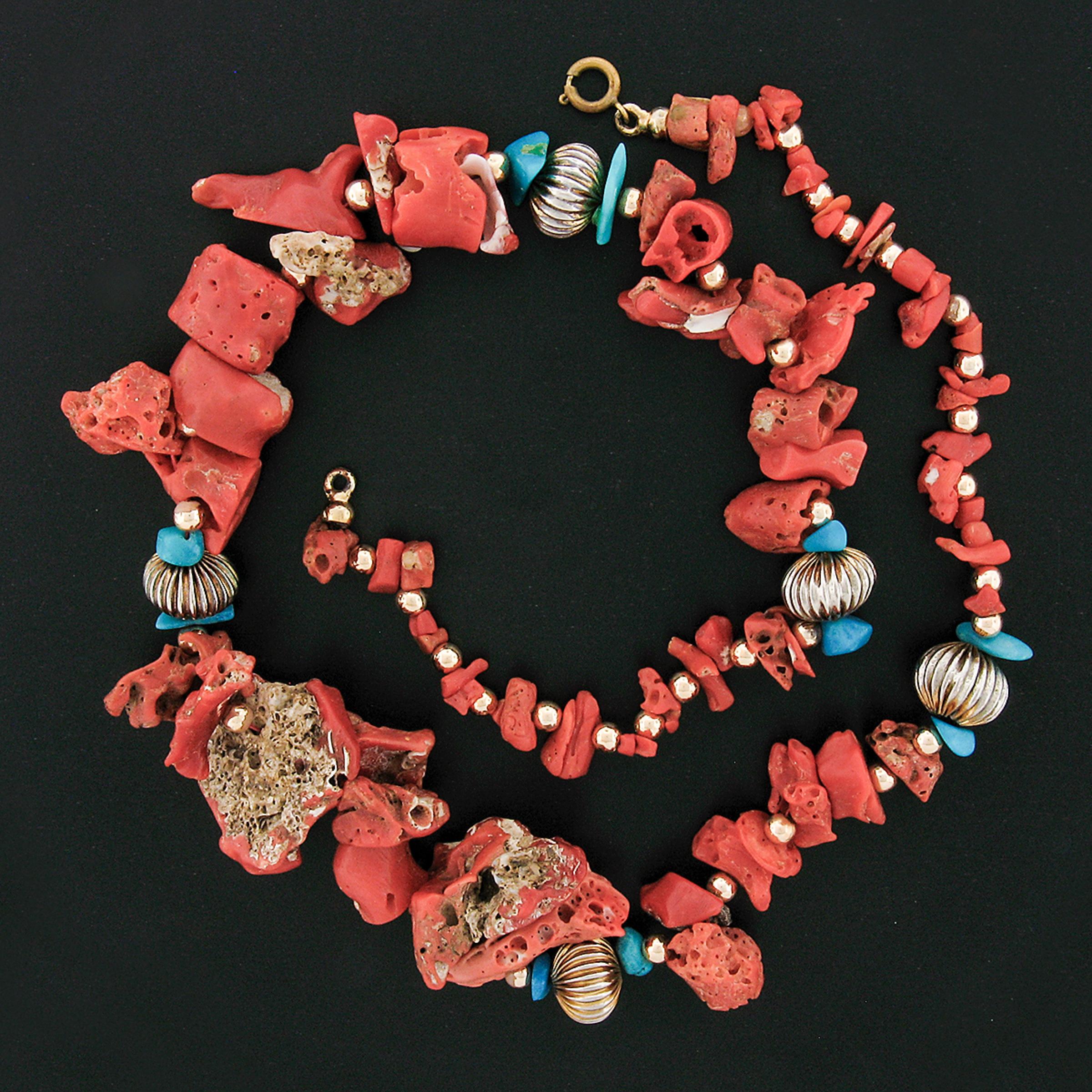Women's Graduated GIA Freeform Coral Turquoise & Scalloped Metal Beads Strand Necklace For Sale