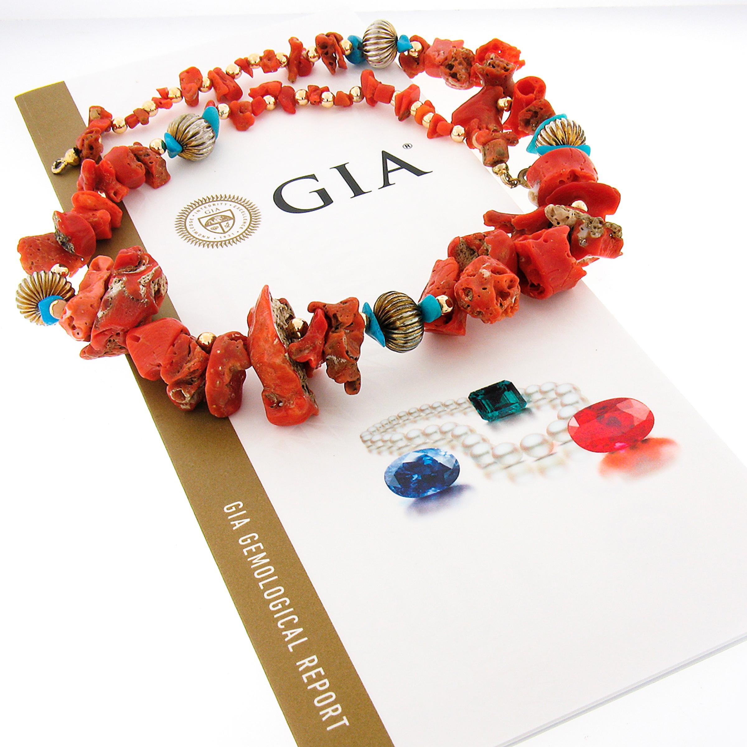 Graduated GIA Freeform Coral Turquoise & Scalloped Metal Beads Strand Necklace For Sale 3