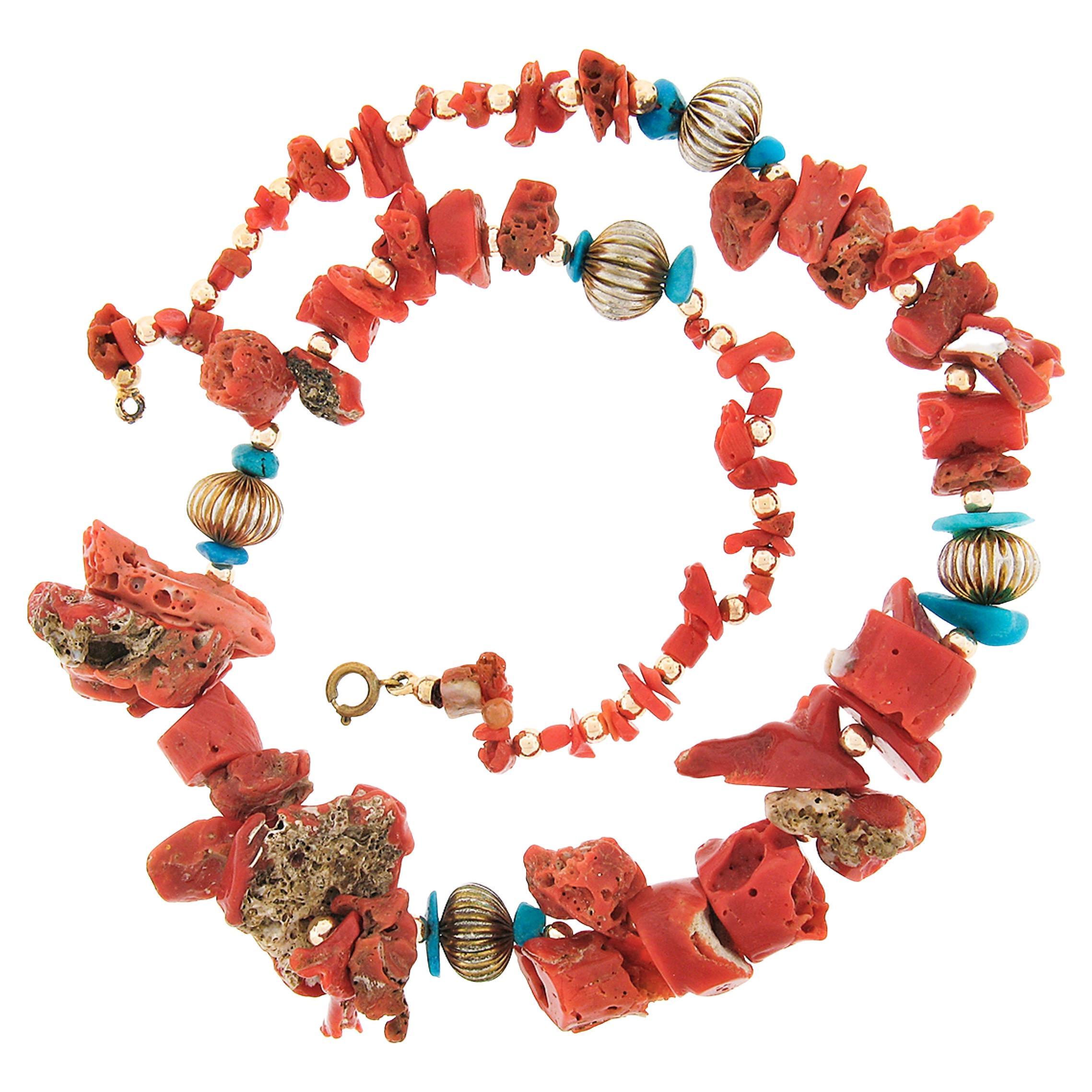 Graduated GIA Freeform Coral Turquoise & Scalloped Metal Beads Strand Necklace For Sale