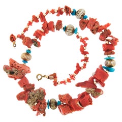 Graduated GIA Freeform Coral Turquoise & Scalloped Metal Beads Strand Necklace