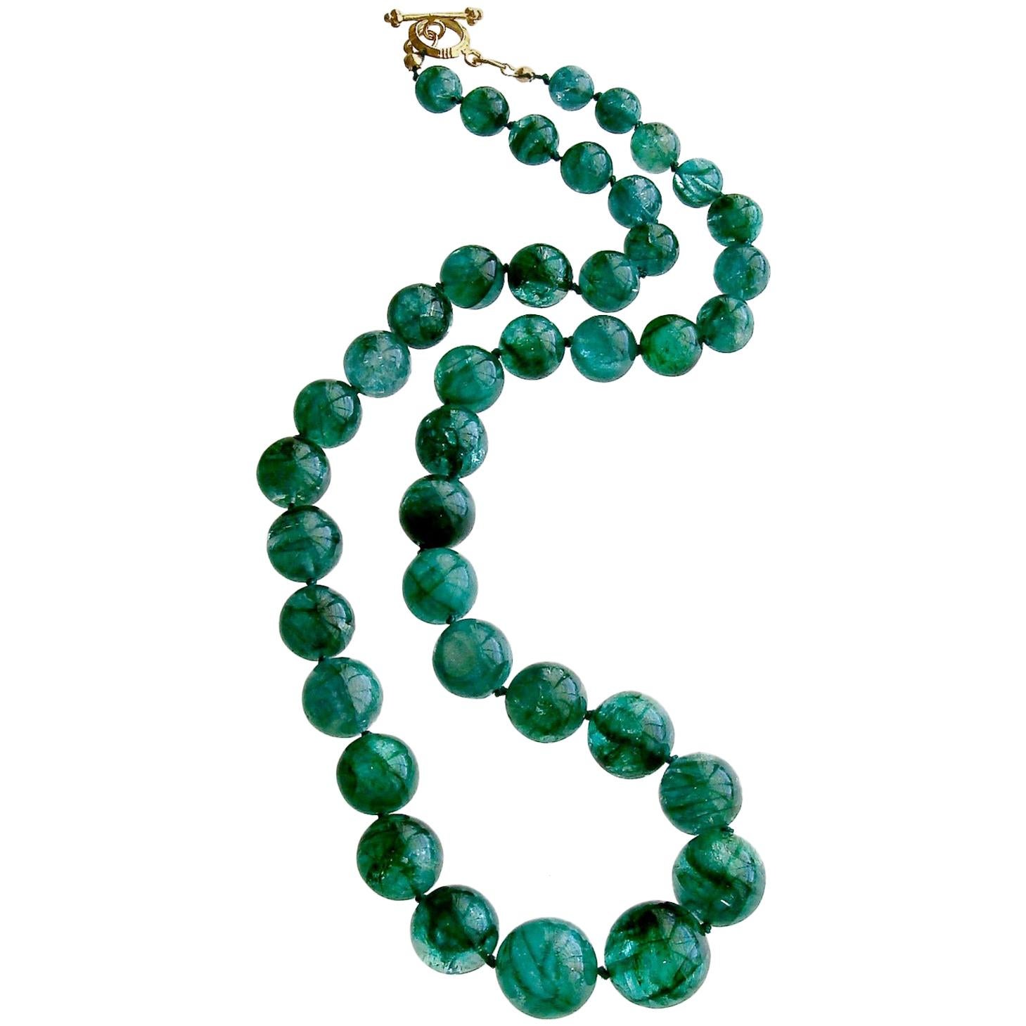 Graduated Hand Knotted Emerald Necklace 14 Karat Gold Toggle, Esme Necklace