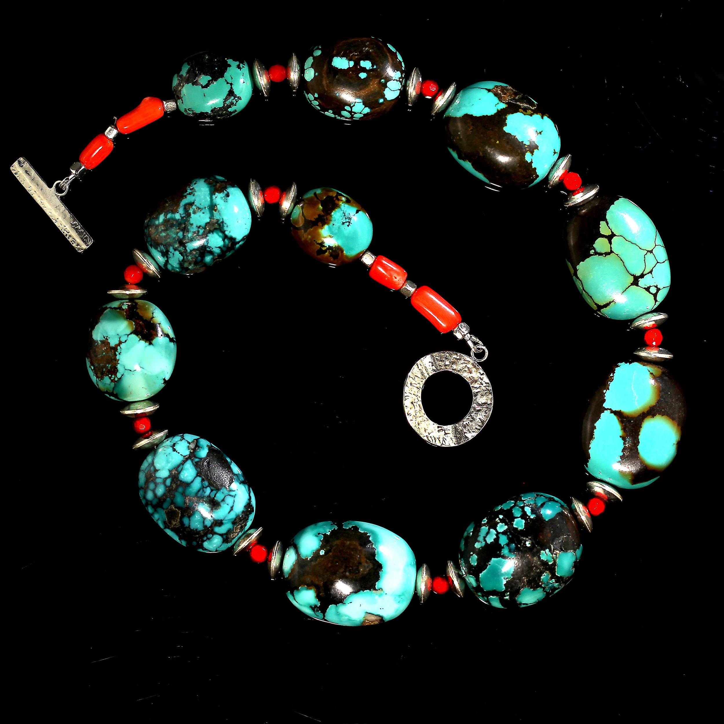 Artisan AJD Graduated Hubei Turquoise Nugget Necklace with Orange & Silver Accents