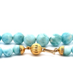 Graduated Larimar Bead 15" Strand Necklace 18k Gold Clasp & End Caps