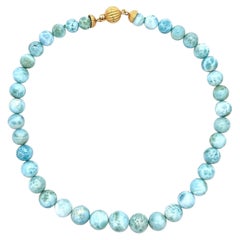 Graduated Larimar Bead 15" Strand Necklace 18k Gold Clasp & End Caps