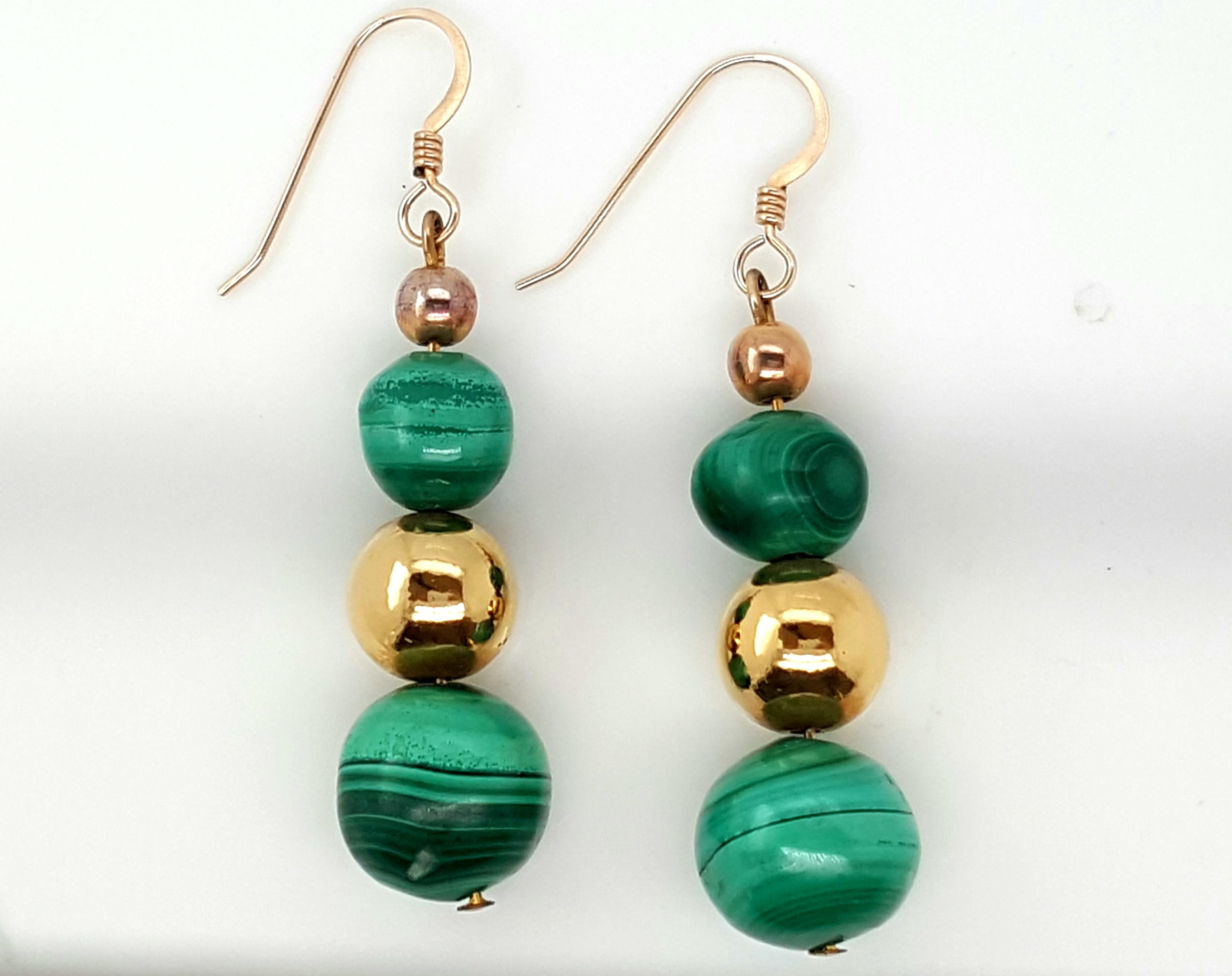 Contemporary Graduated Malachite Bead Earrings Accented by Gold-Plated Beads For Sale