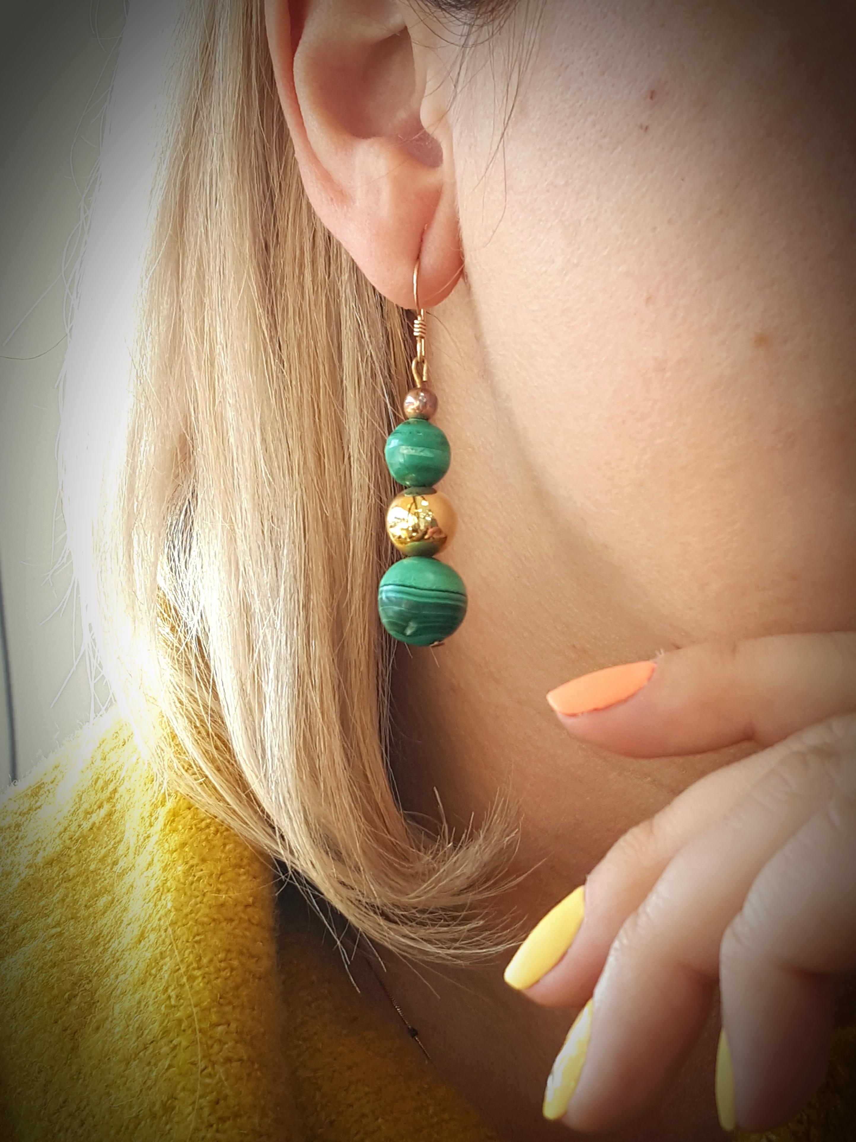Round Cut Graduated Malachite Bead Earrings Accented by Gold-Plated Beads For Sale