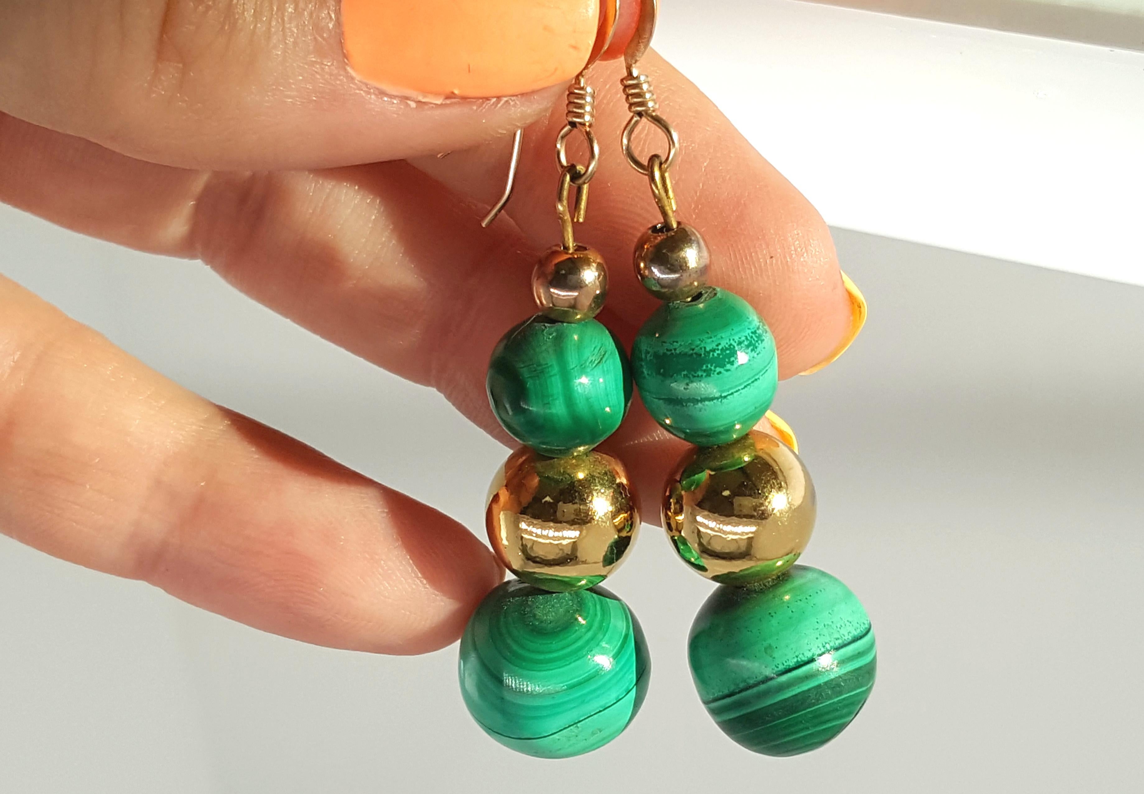 Women's or Men's Graduated Malachite Bead Earrings Accented by Gold-Plated Beads For Sale