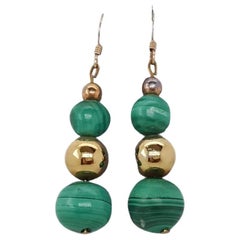 Vintage Graduated Malachite Bead Earrings Accented by Gold-Plated Beads