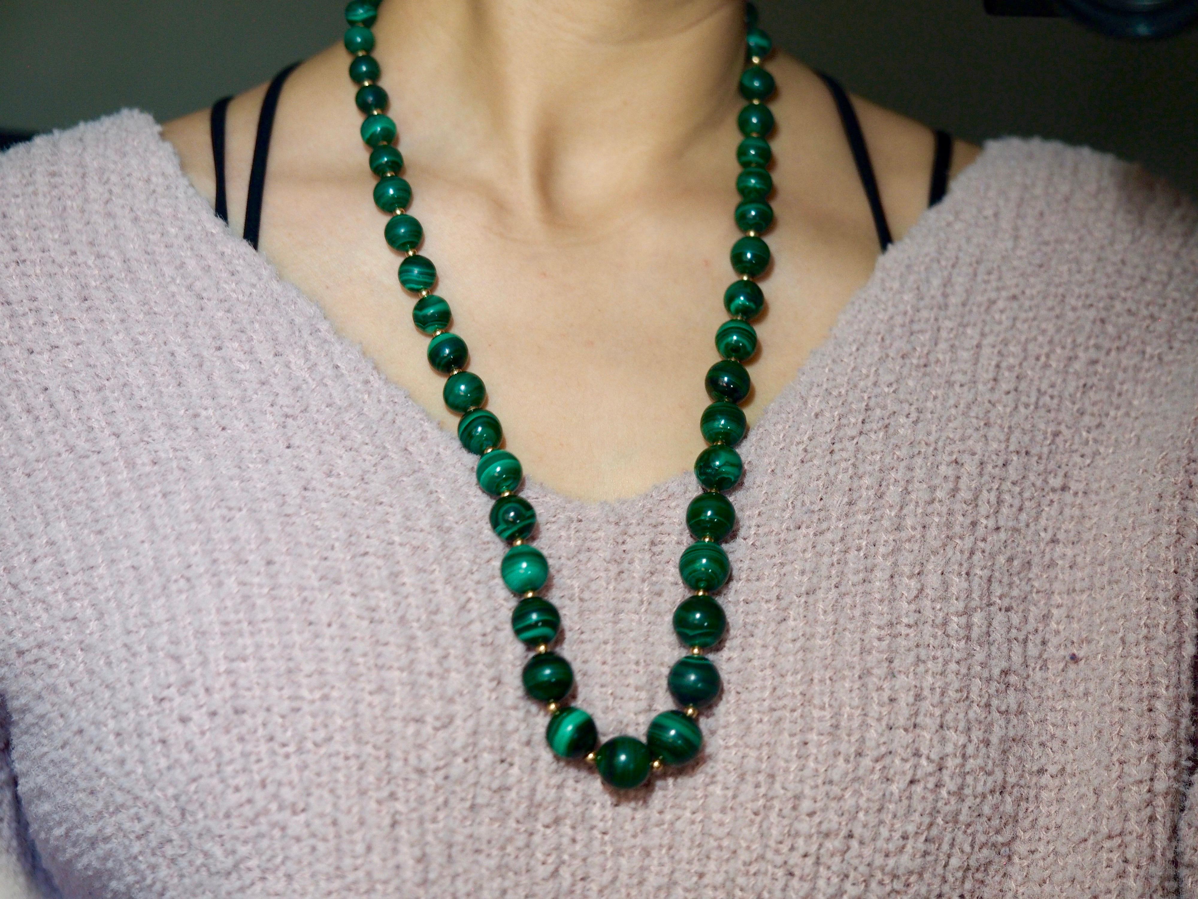 Modern Graduated Malachite Bead Necklace Accented by Gold Filled Beads For Sale