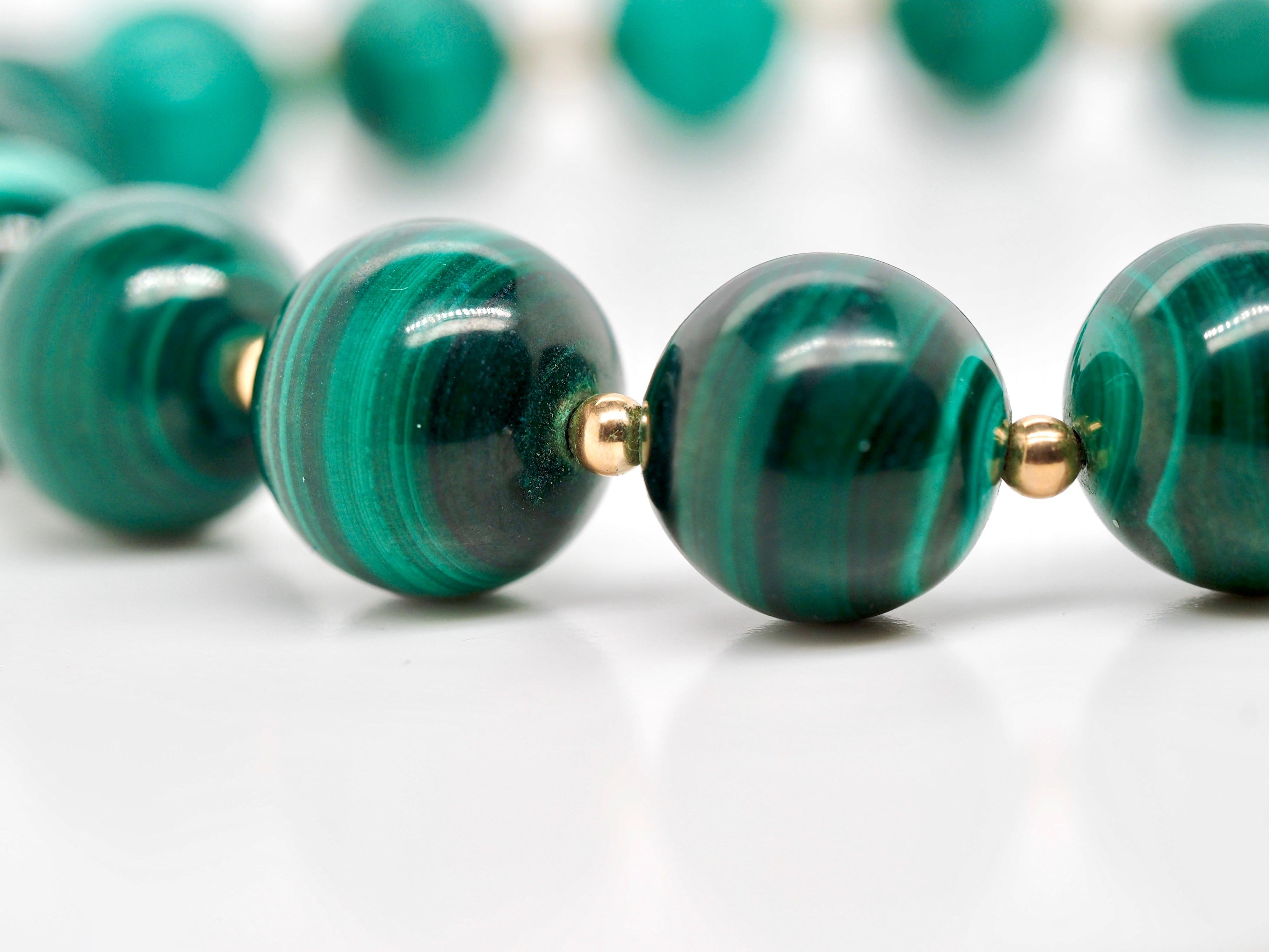 Round Cut Graduated Malachite Bead Necklace Accented by Gold Filled Beads For Sale