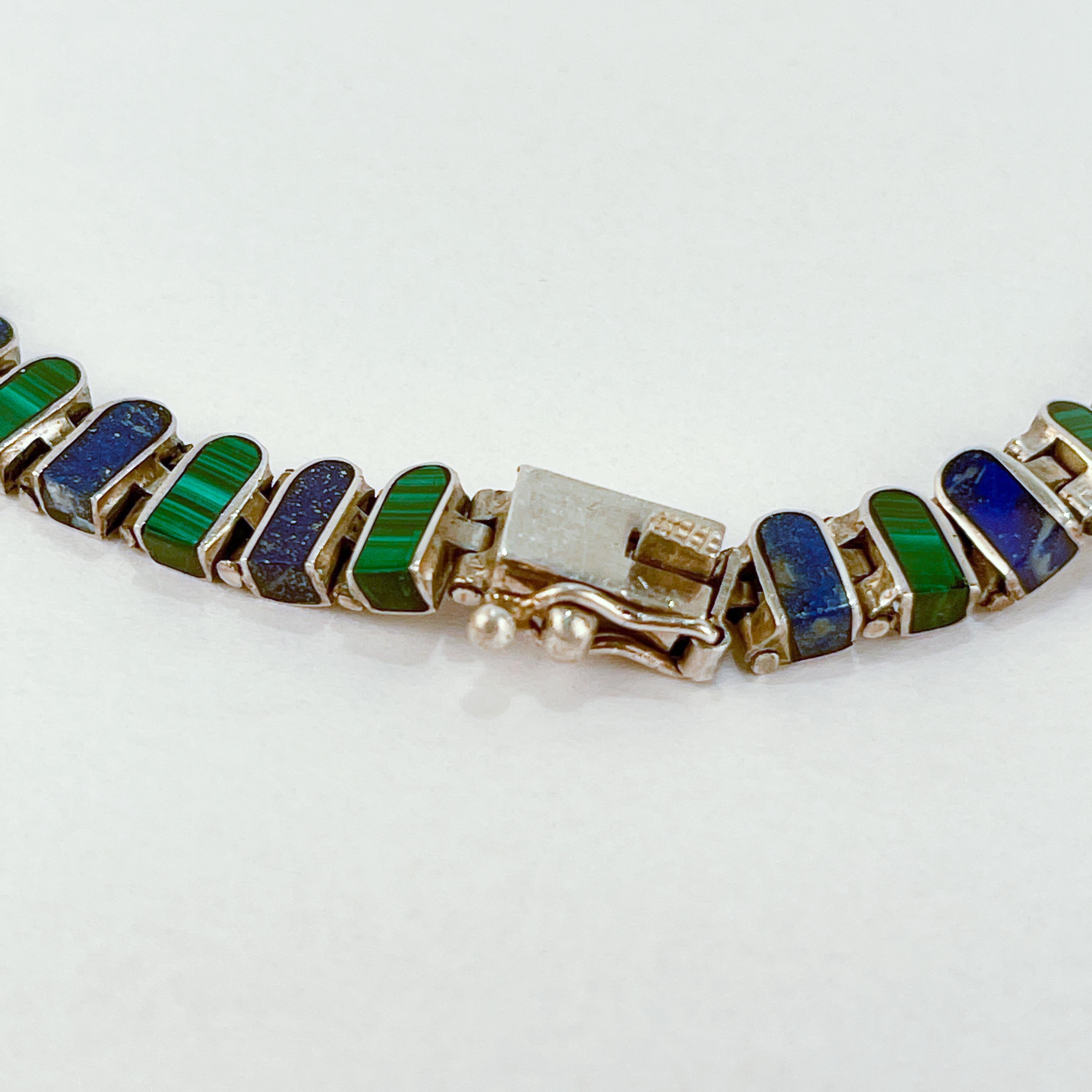Graduated Mexican Sterling Silver, Malachite, & Lapis Lazuli Necklace 1