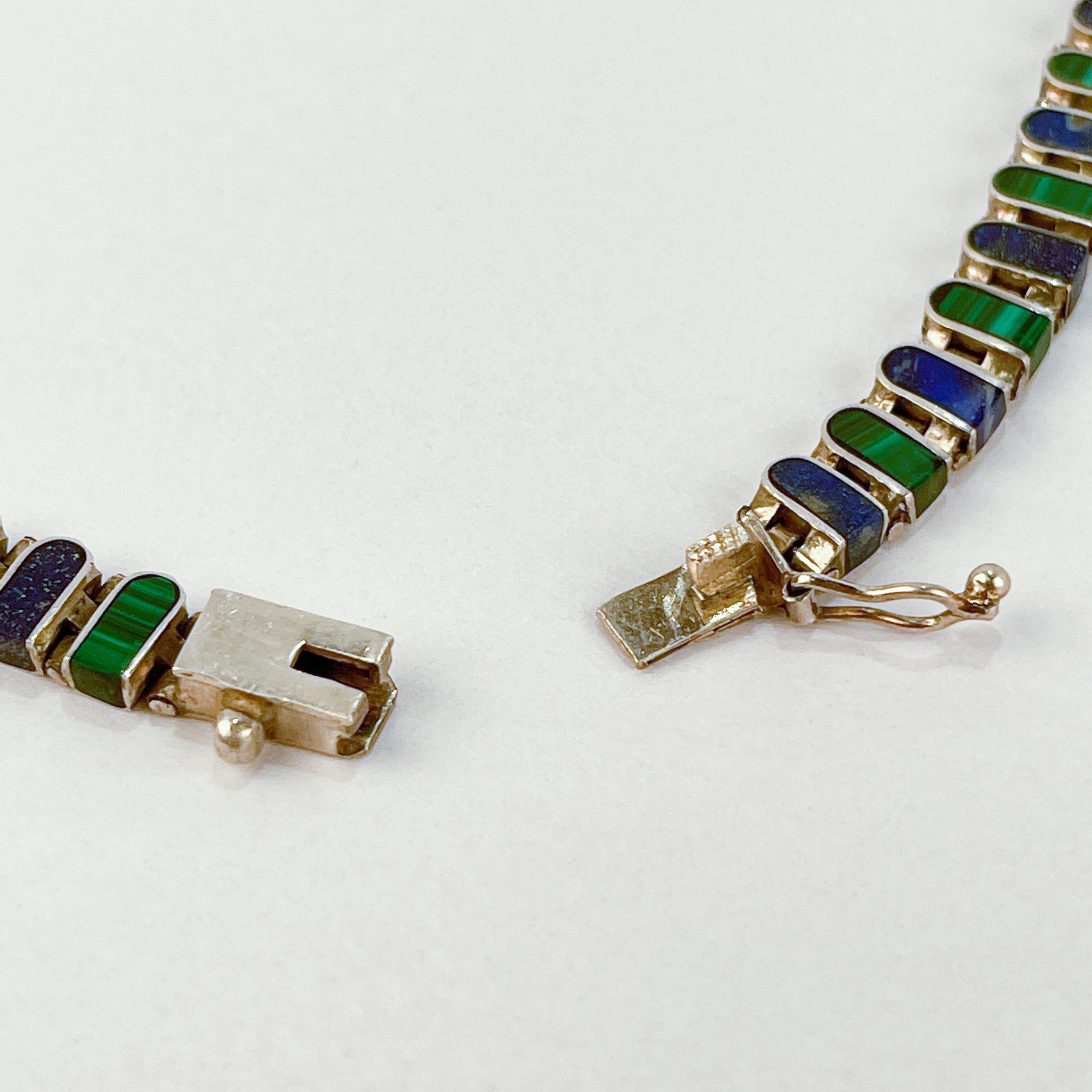 Graduated Mexican Sterling Silver, Malachite, & Lapis Lazuli Necklace 2