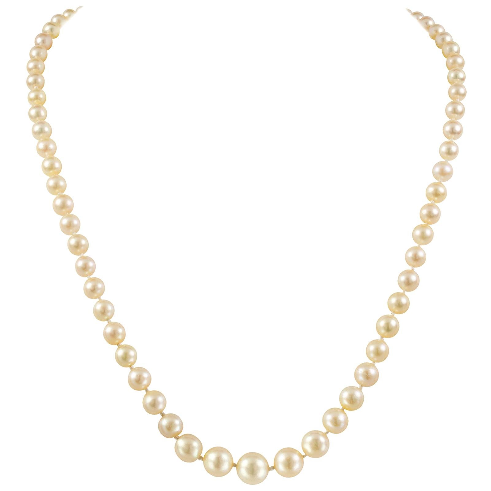 Graduated Natural Pearl Necklace with Diamond-Set Clasp For Sale