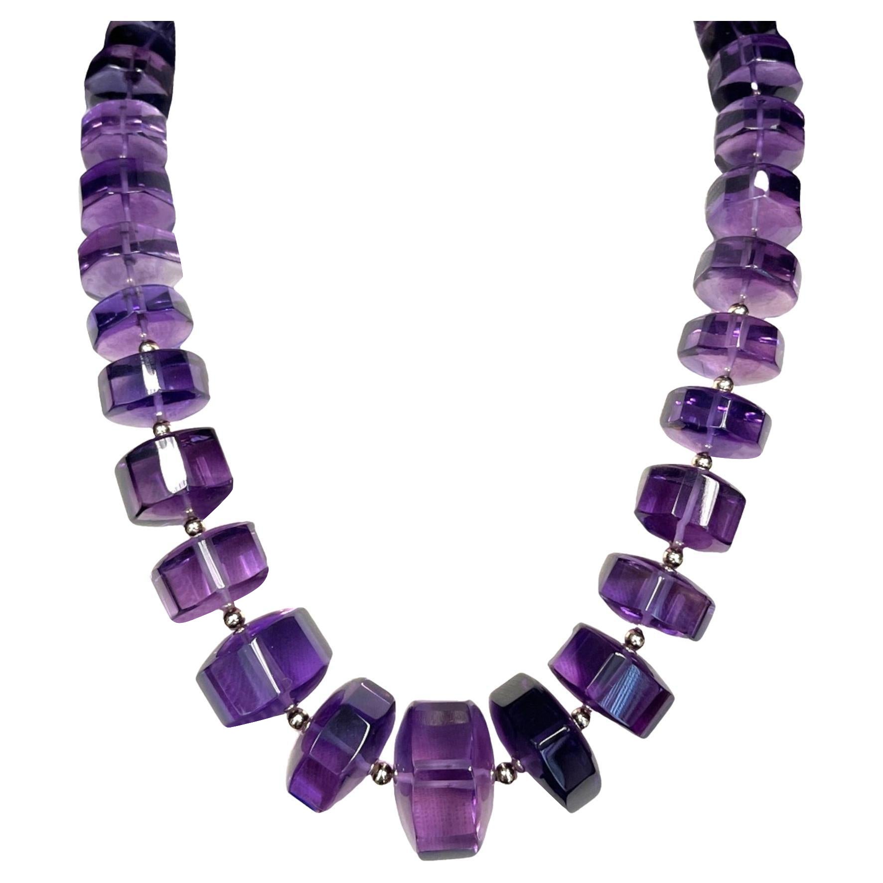 Abgestufte achteckige Amethyst- Rondel-Perlenkette mit 14k und 18k Gelbgold mit Perlen