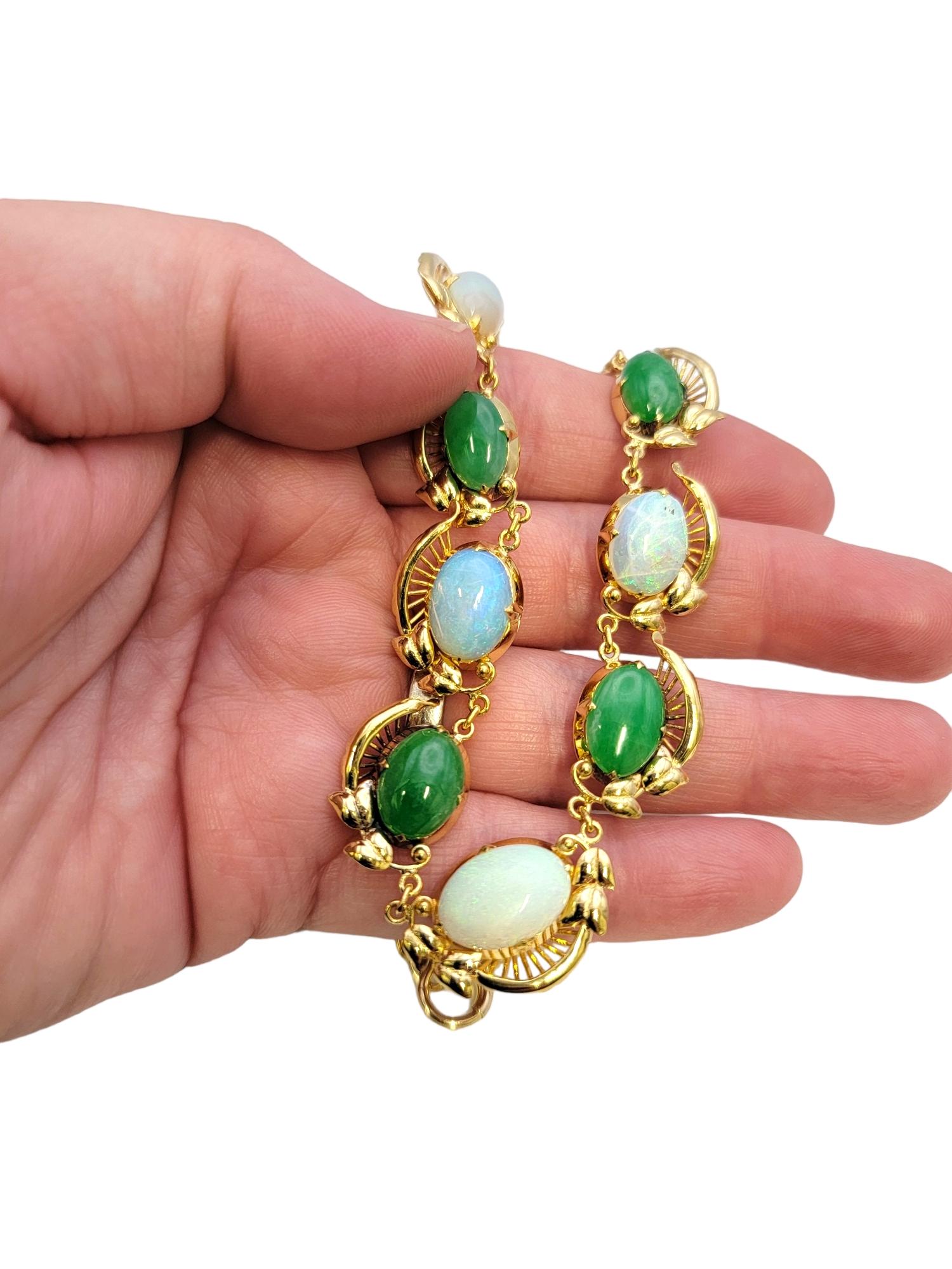 Graduated Oval Cabochon Jade and Opal Choker Necklace in Polished Yellow Gold For Sale 6