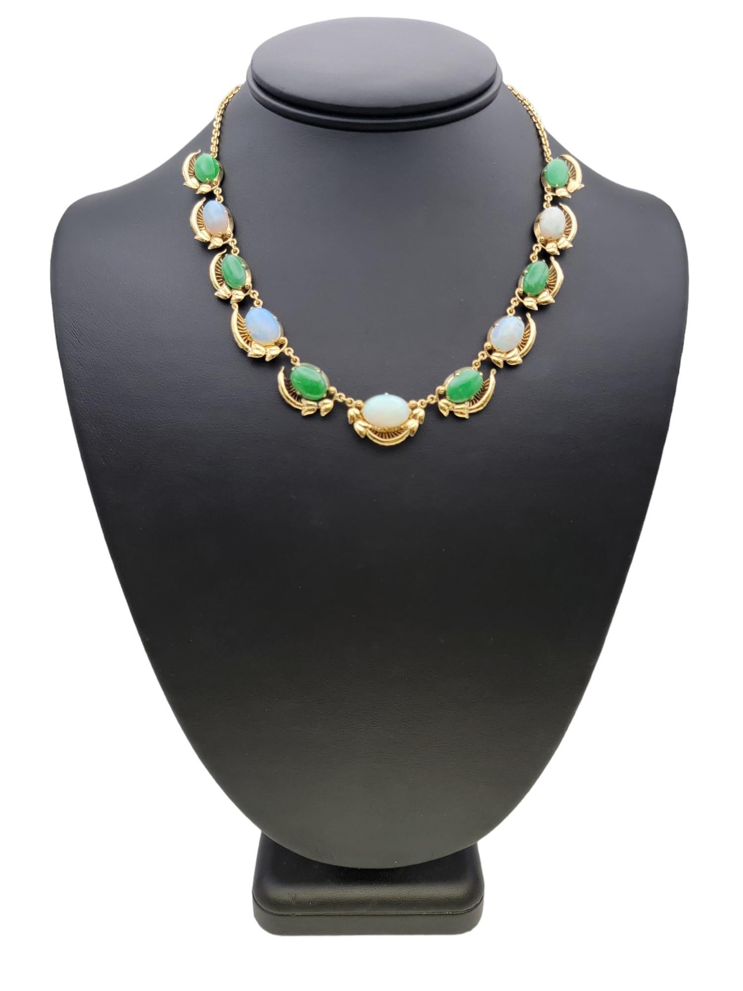 Graduated Oval Cabochon Jade and Opal Choker Necklace in Polished Yellow Gold For Sale 7