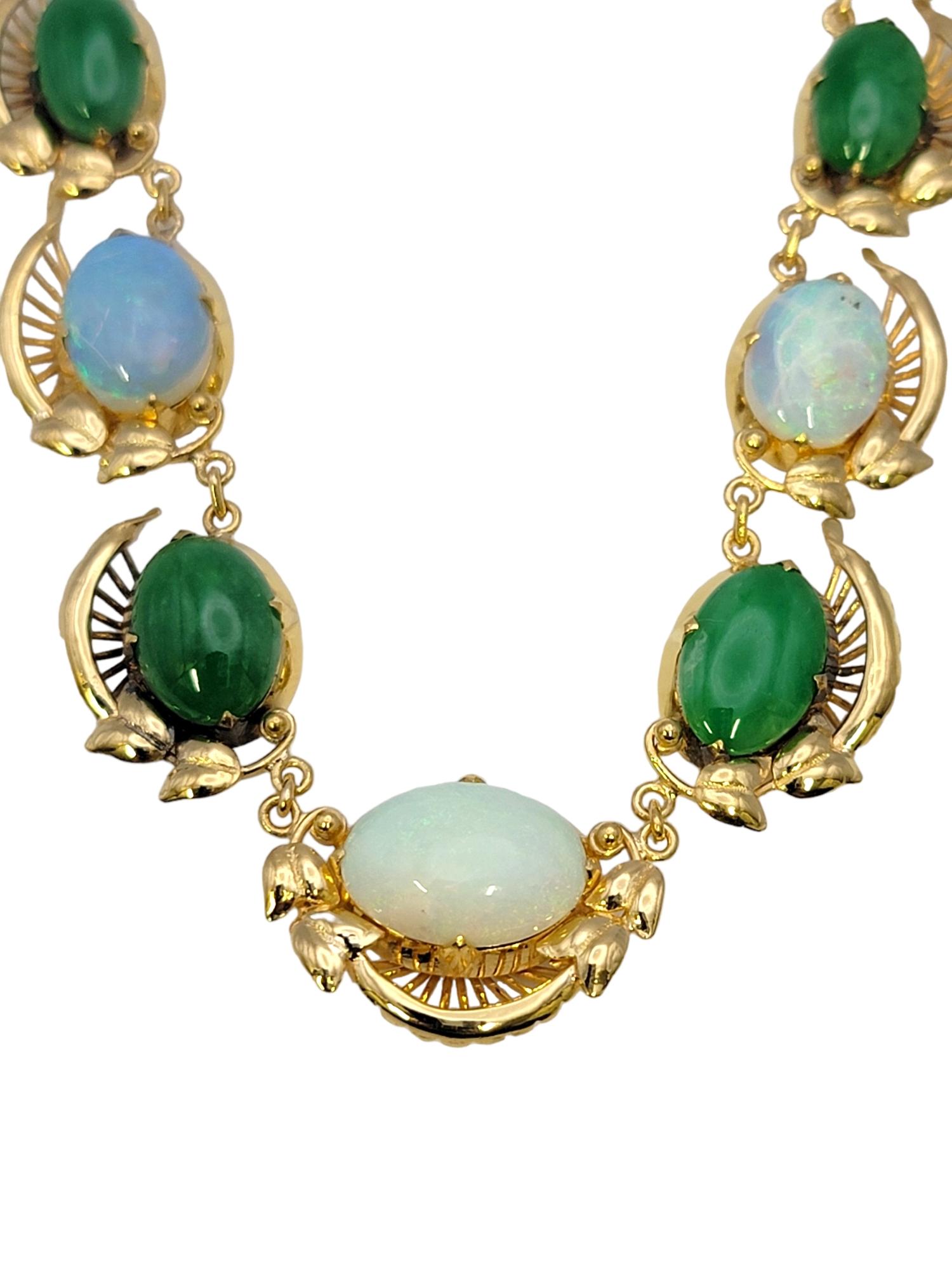 Contemporary Graduated Oval Cabochon Jade and Opal Choker Necklace in Polished Yellow Gold For Sale