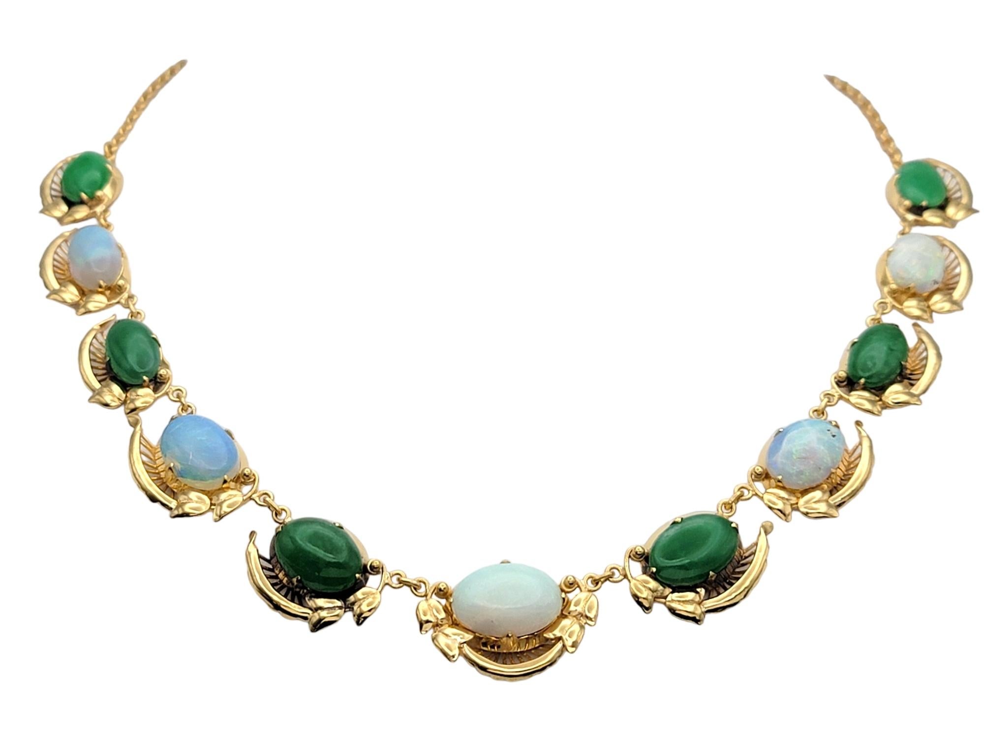 Graduated Oval Cabochon Jade and Opal Choker Necklace in Polished Yellow Gold In Good Condition For Sale In Scottsdale, AZ