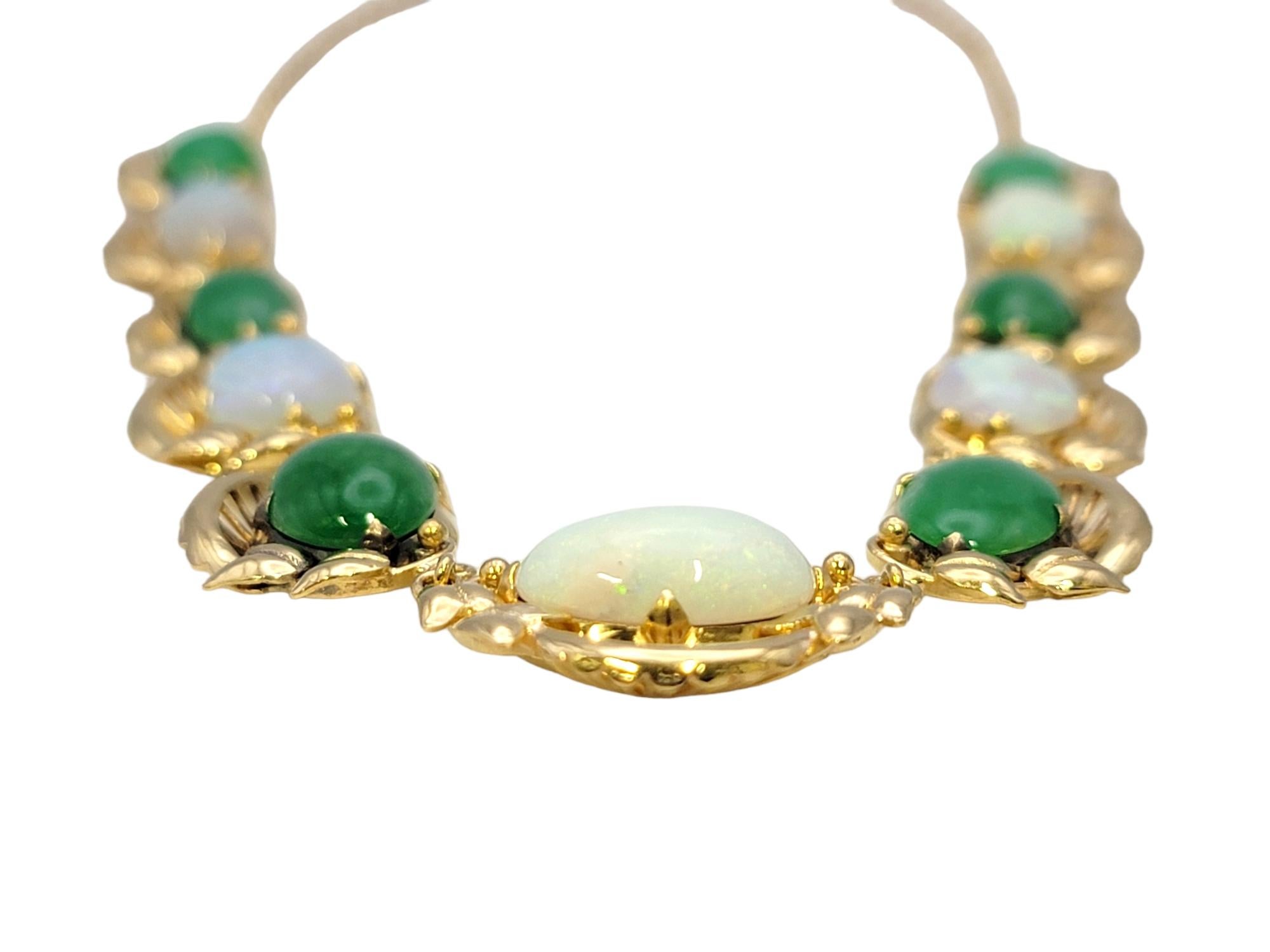 Women's Graduated Oval Cabochon Jade and Opal Choker Necklace in Polished Yellow Gold For Sale