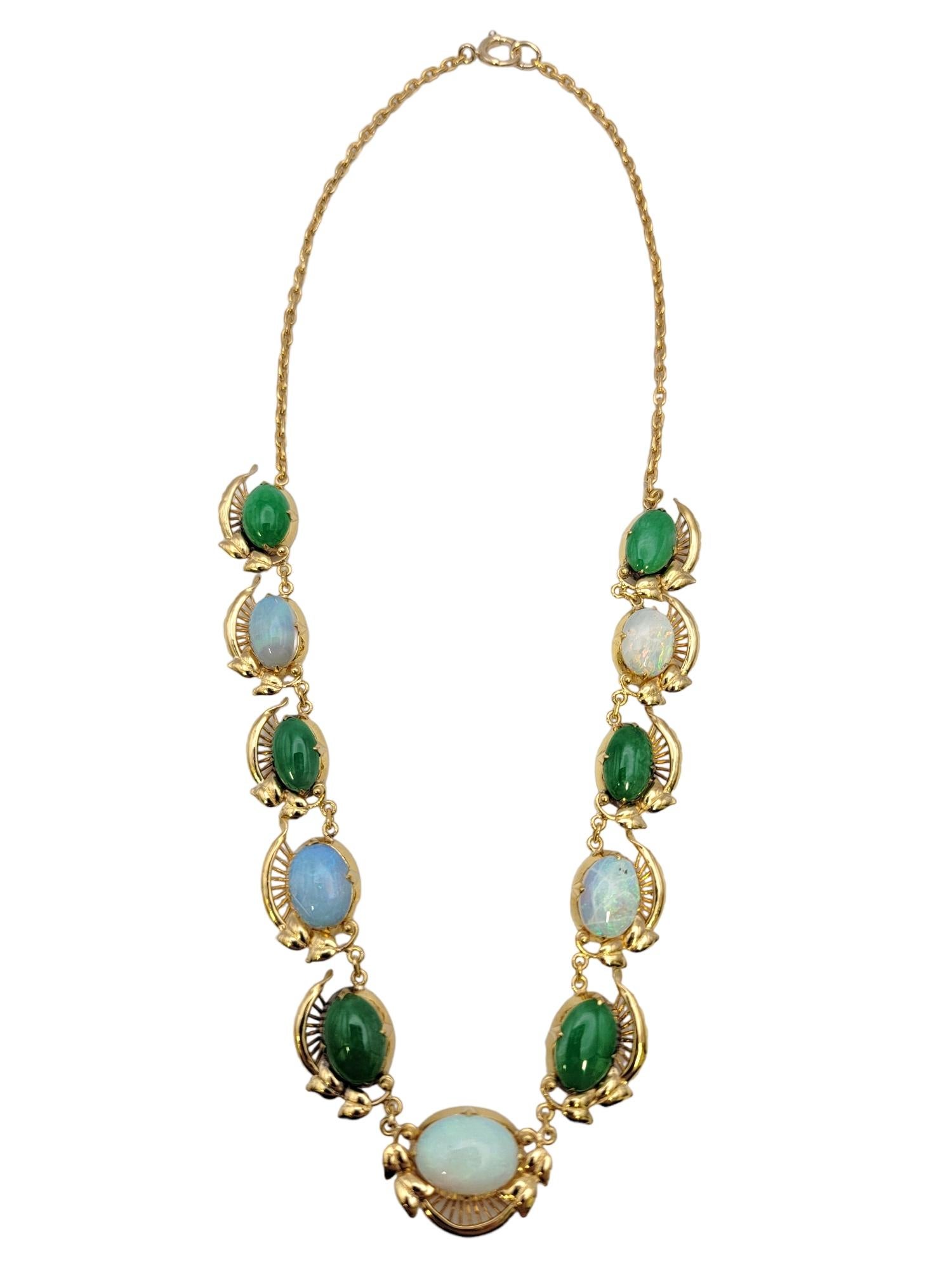 Graduated Oval Cabochon Jade and Opal Choker Necklace in Polished Yellow Gold For Sale 1