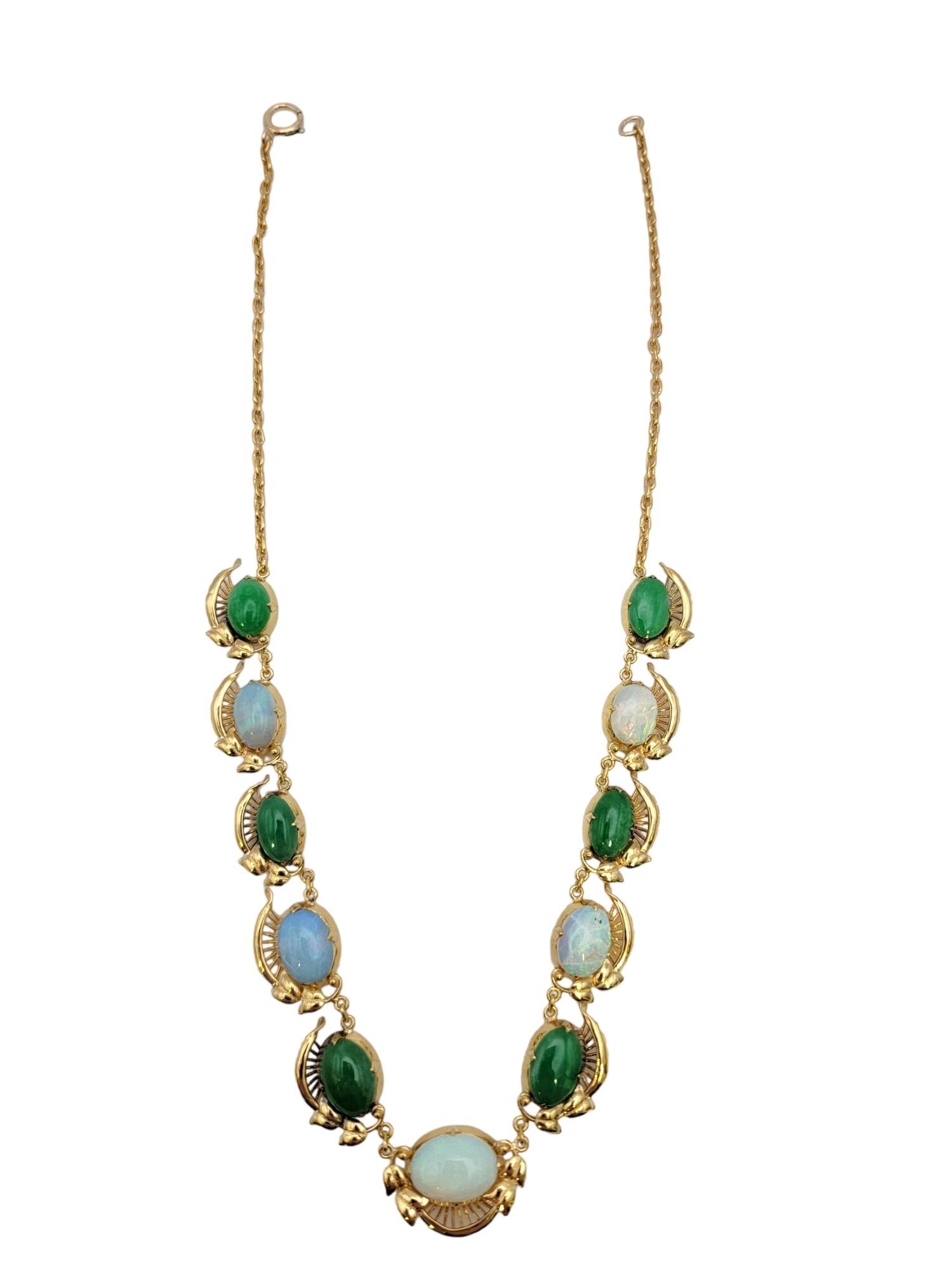 Graduated Oval Cabochon Jade and Opal Choker Necklace in Polished Yellow Gold For Sale 2