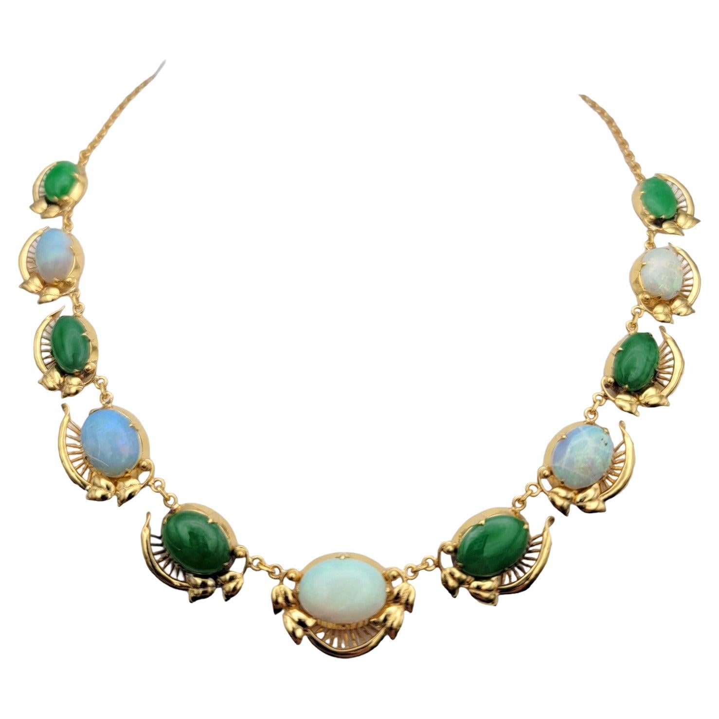 Graduated Oval Cabochon Jade and Opal Choker Necklace in Polished Yellow Gold For Sale