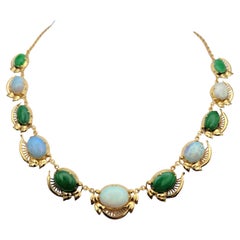 Vintage Graduated Oval Cabochon Jade and Opal Choker Necklace in Polished Yellow Gold