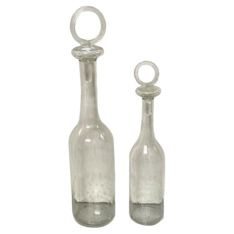 Graduated Pair Glass Floor Decorative Bottles or Vases, Ringed Handles