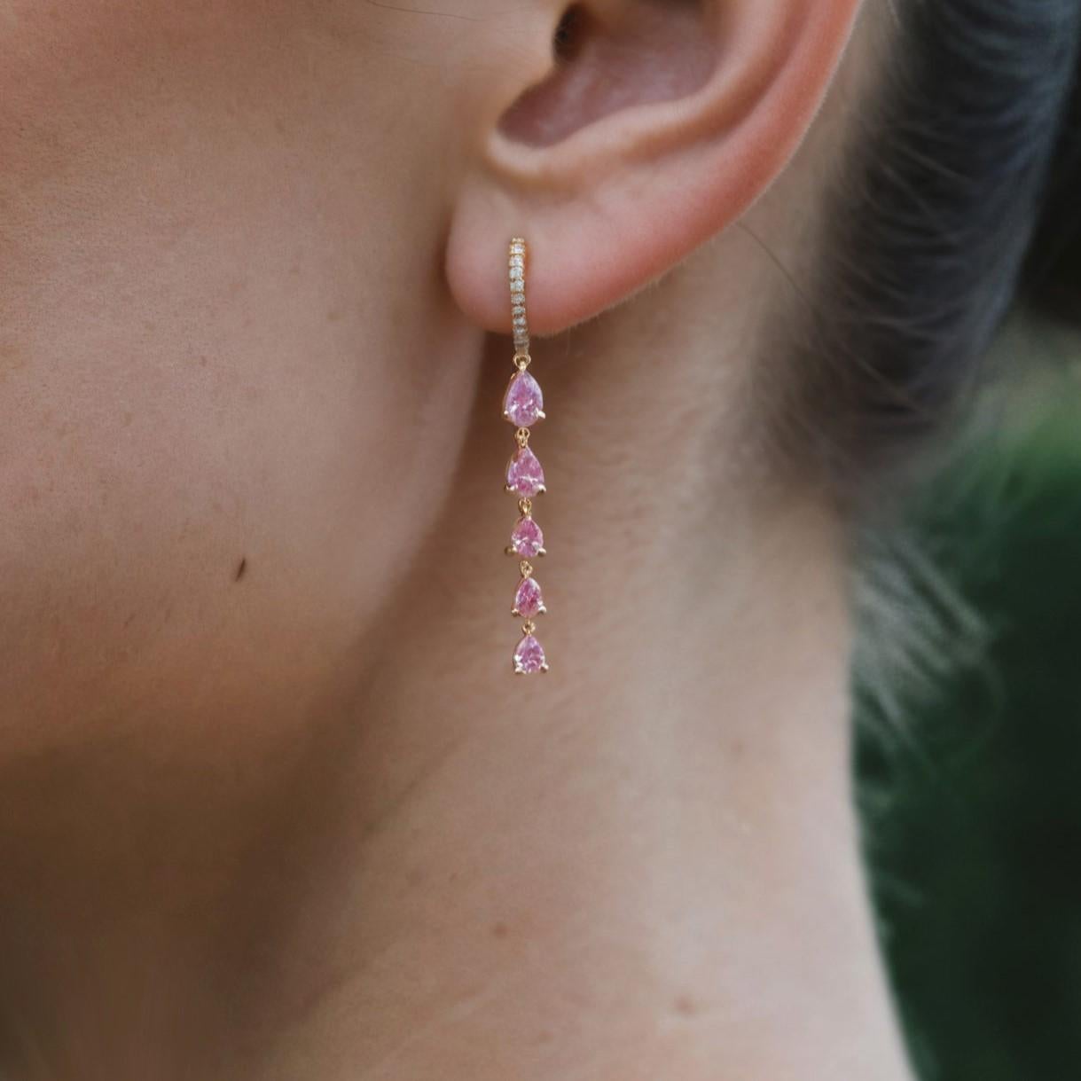 Modern Graduated Pear Cut Emeralds 14K Gold Long Drop Earrings For Sale