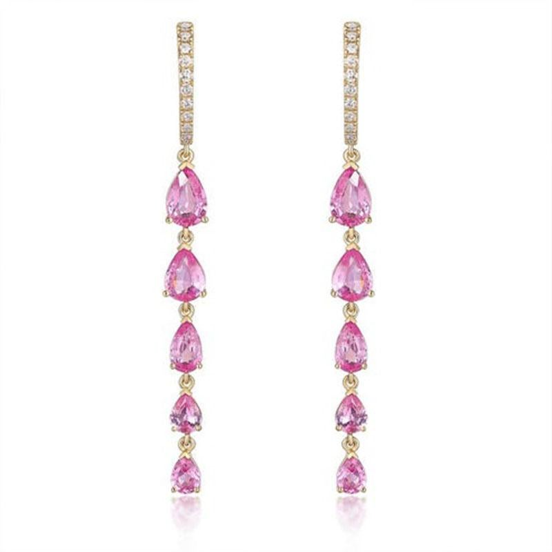 Emerald Cut Graduated Pear Cut Emeralds 14K Gold Long Drop Earrings For Sale