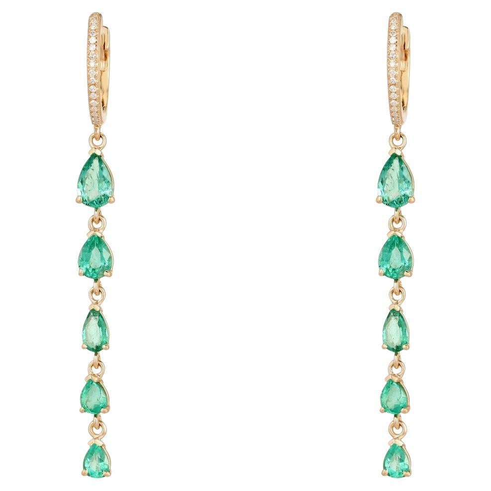 Graduated Pear Cut Emeralds 14K Gold Long Drop Earrings