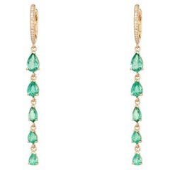 Graduated Pear Cut Emeralds 14K Gold Long Drop Earrings