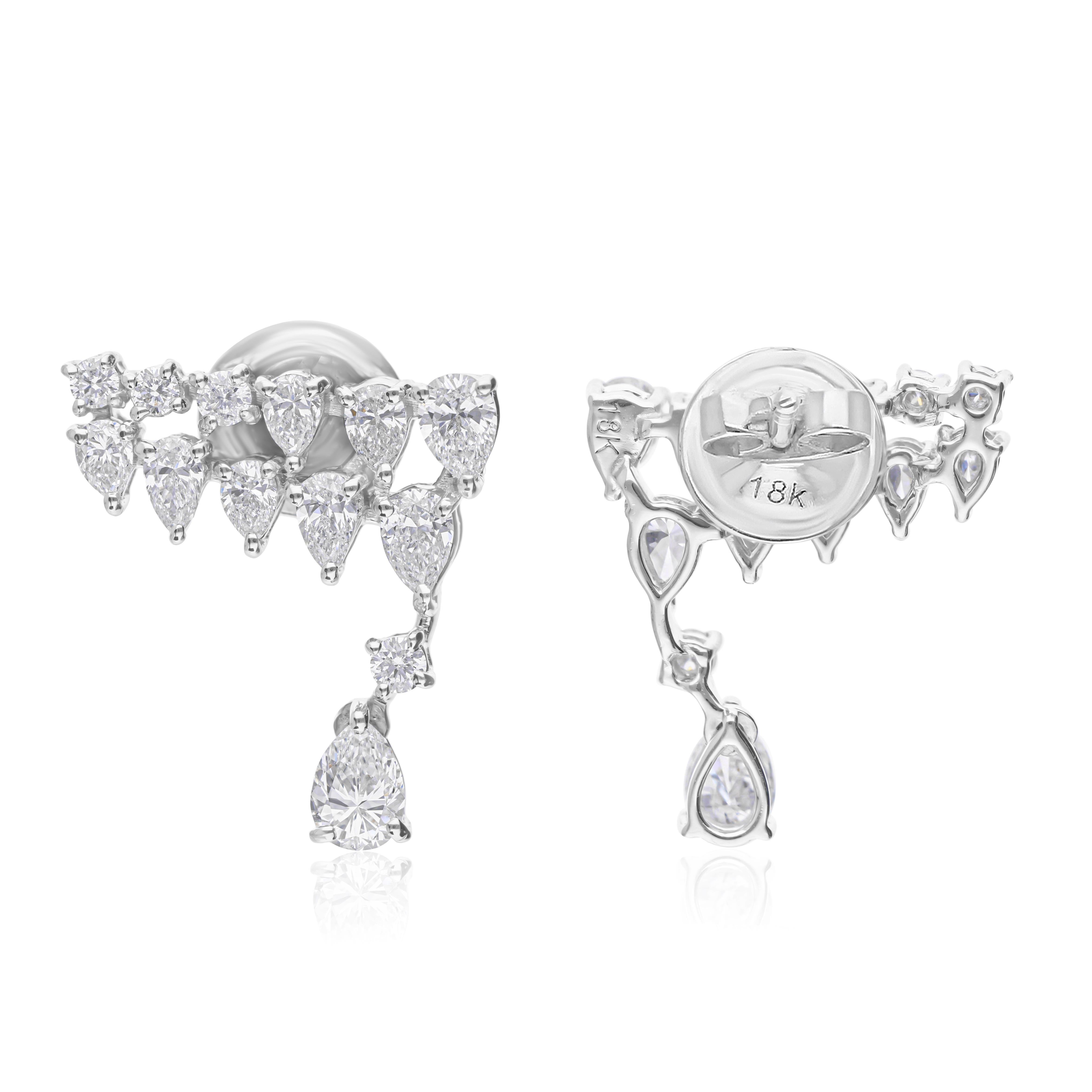Graduated Pear SI/HI Diamond Drop Earrings 18k Solid White Gold For Sale 2