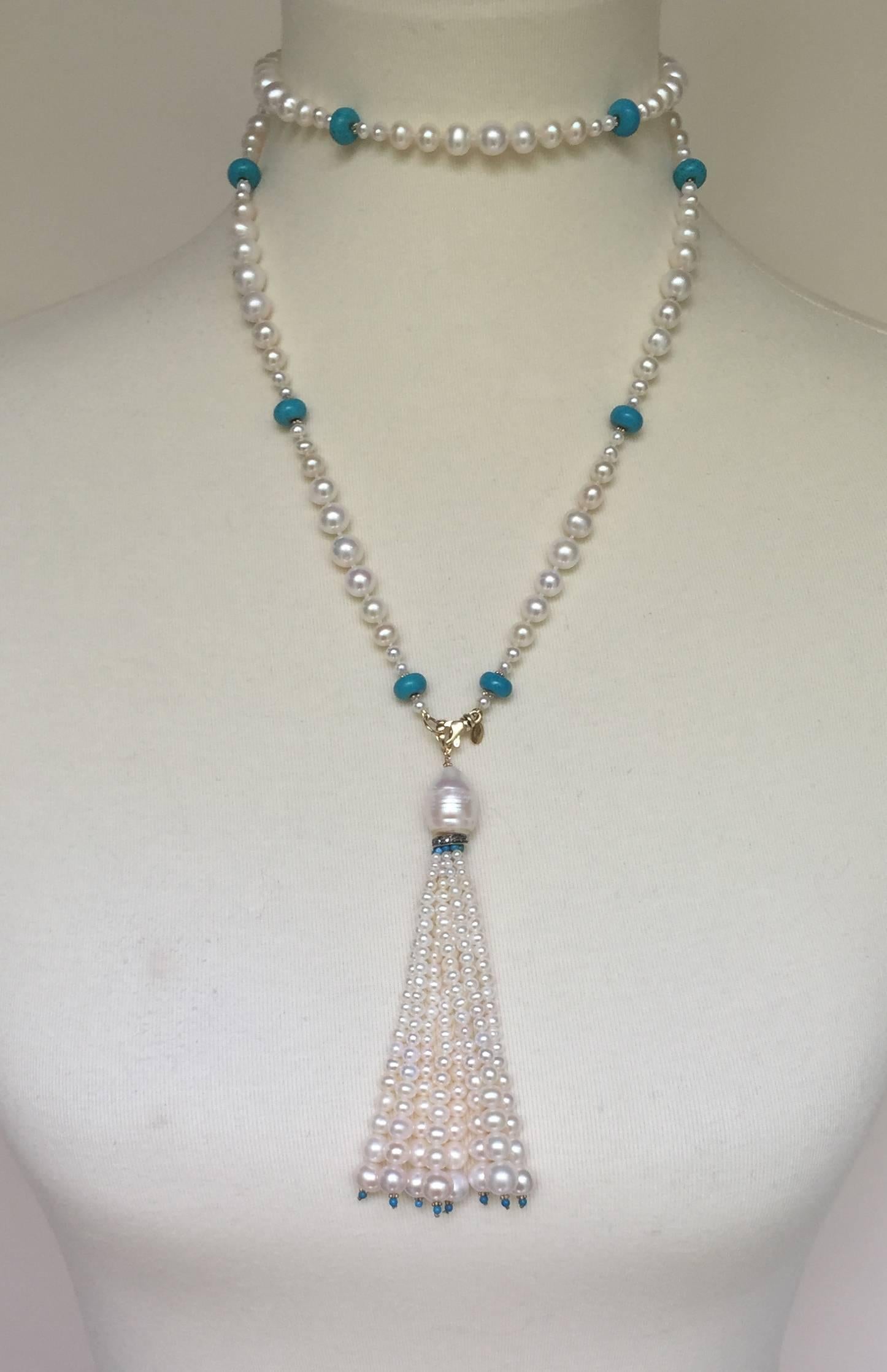 Marina J Graduated Pearl and Turquoise Sautoir with 14k Gold Beads and Clasp 3