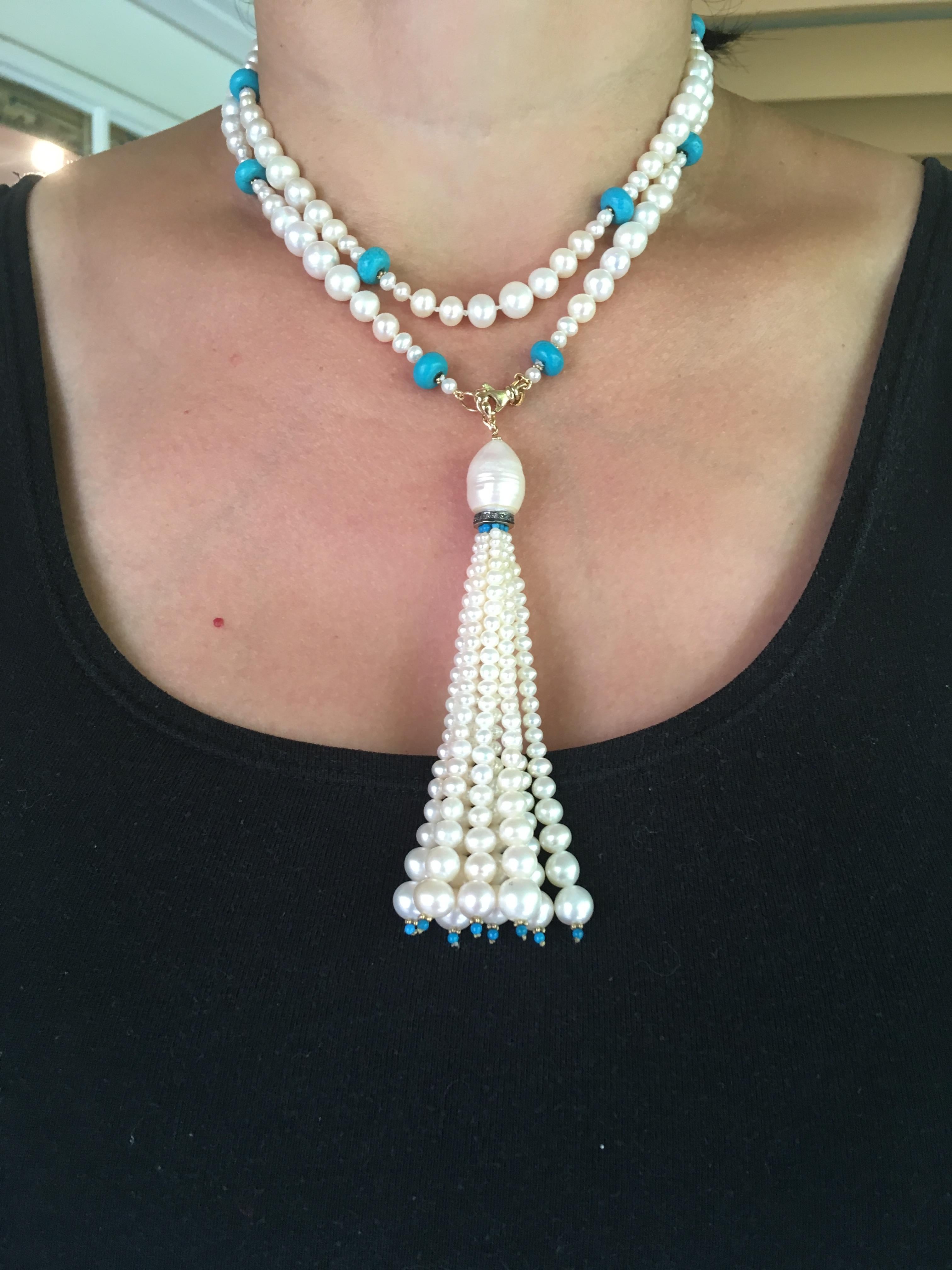 Marina J Graduated Pearl and Turquoise Sautoir with 14k Gold Beads and Clasp 5