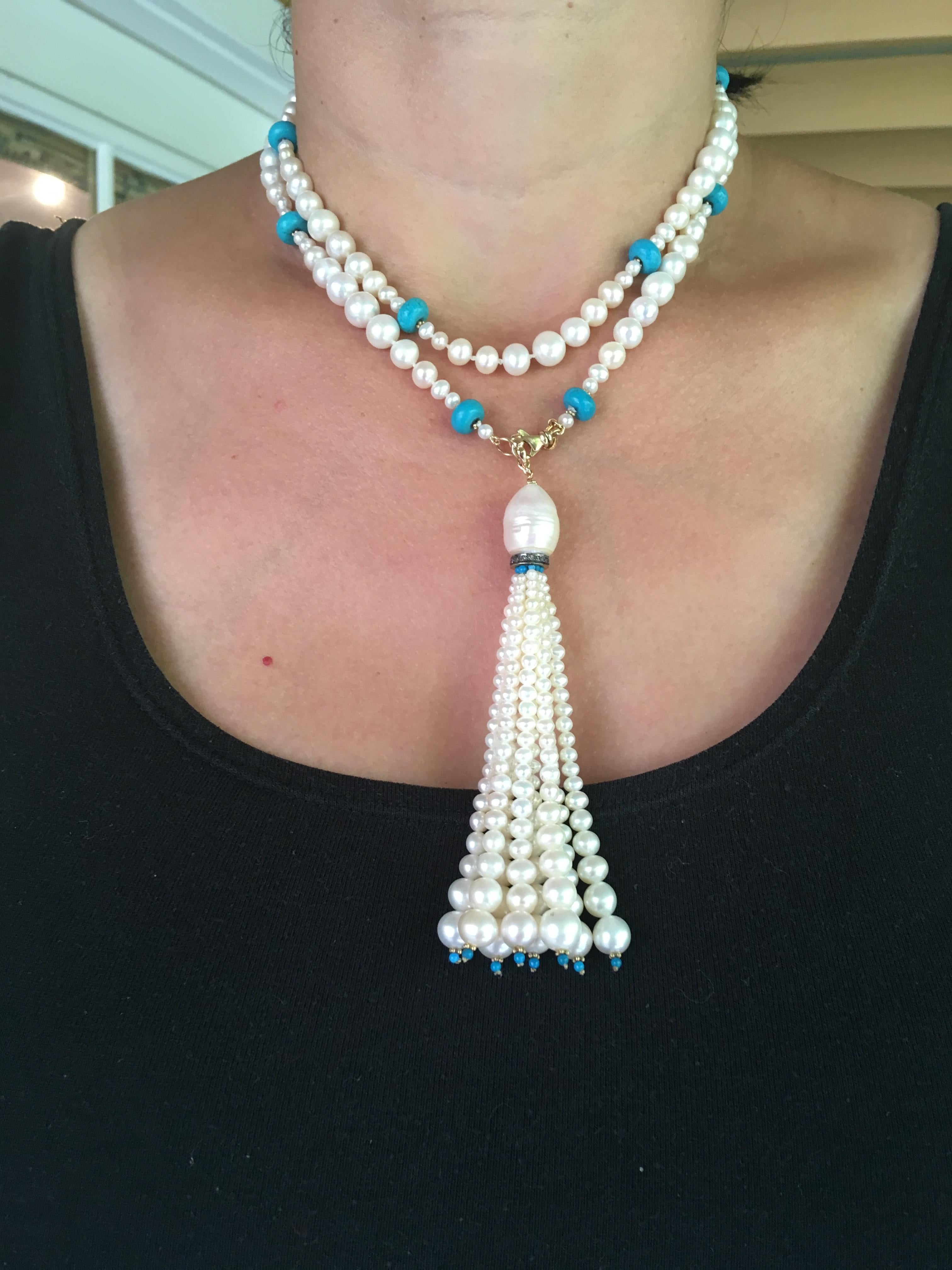 Marina J Graduated Pearl and Turquoise Sautoir with 14k Gold Beads and Clasp 6