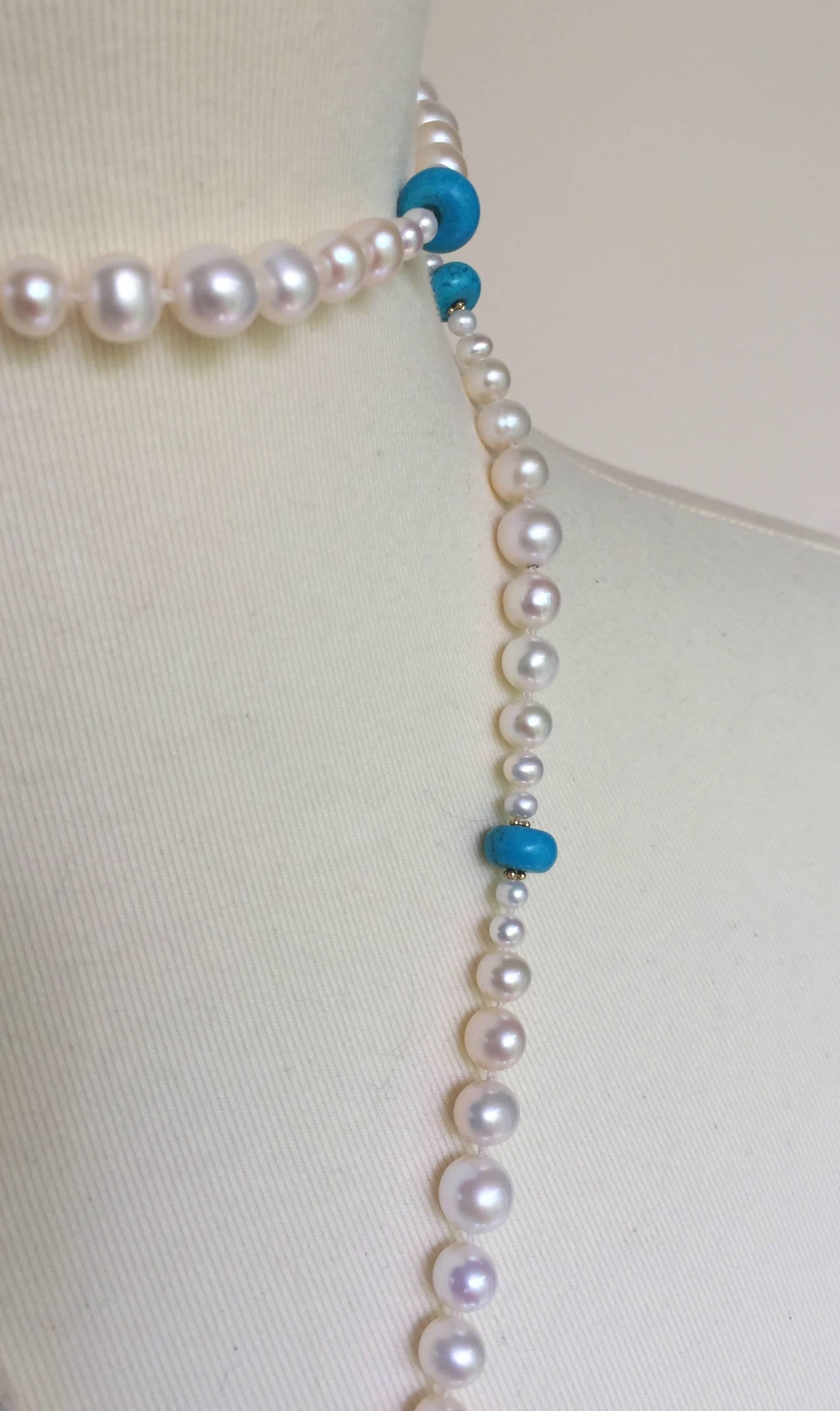 Artist Marina J Graduated Pearl and Turquoise Sautoir with 14k Gold Beads and Clasp