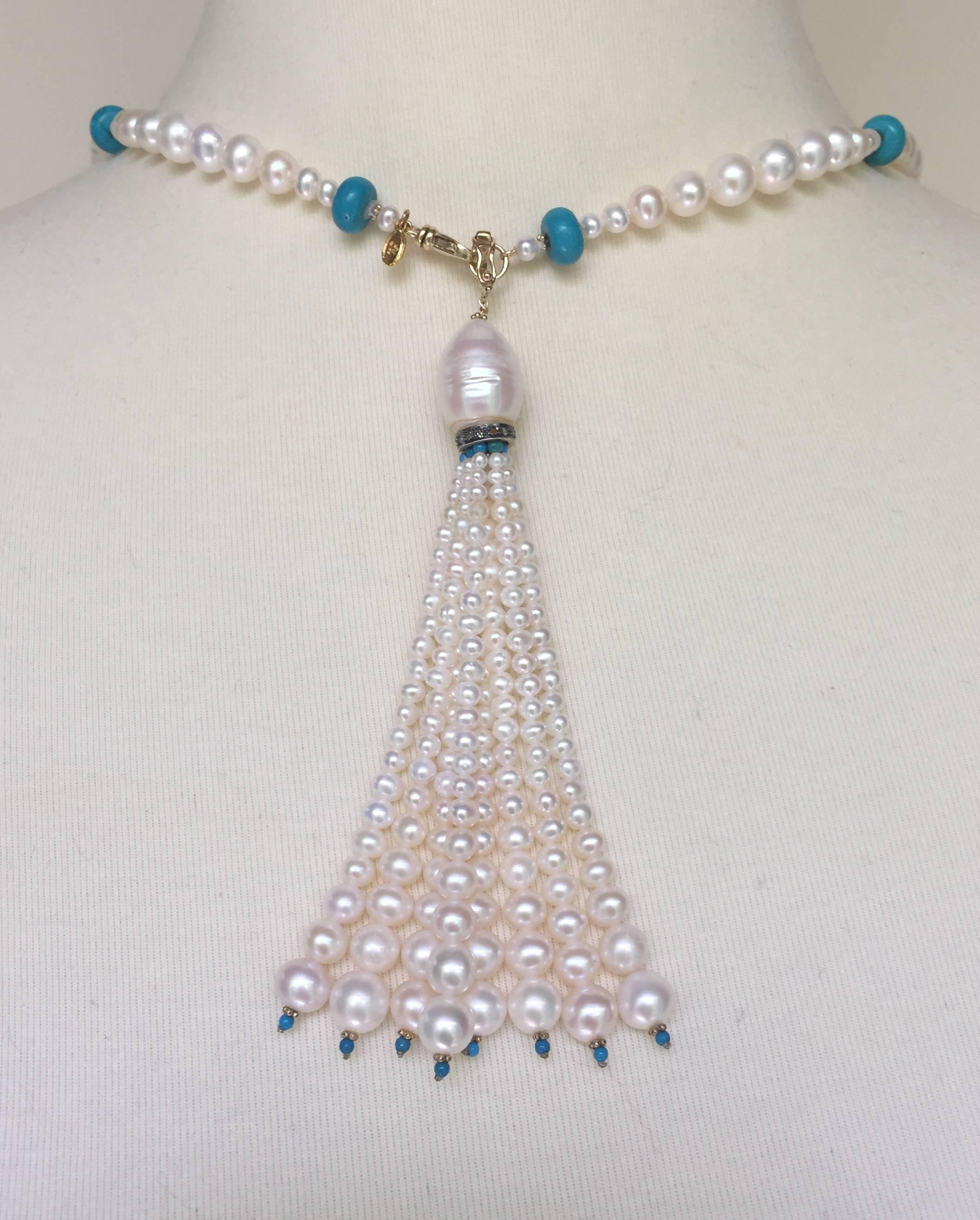 Marina J Graduated Pearl and Turquoise Sautoir with 14k Gold Beads and Clasp In New Condition In Los Angeles, CA