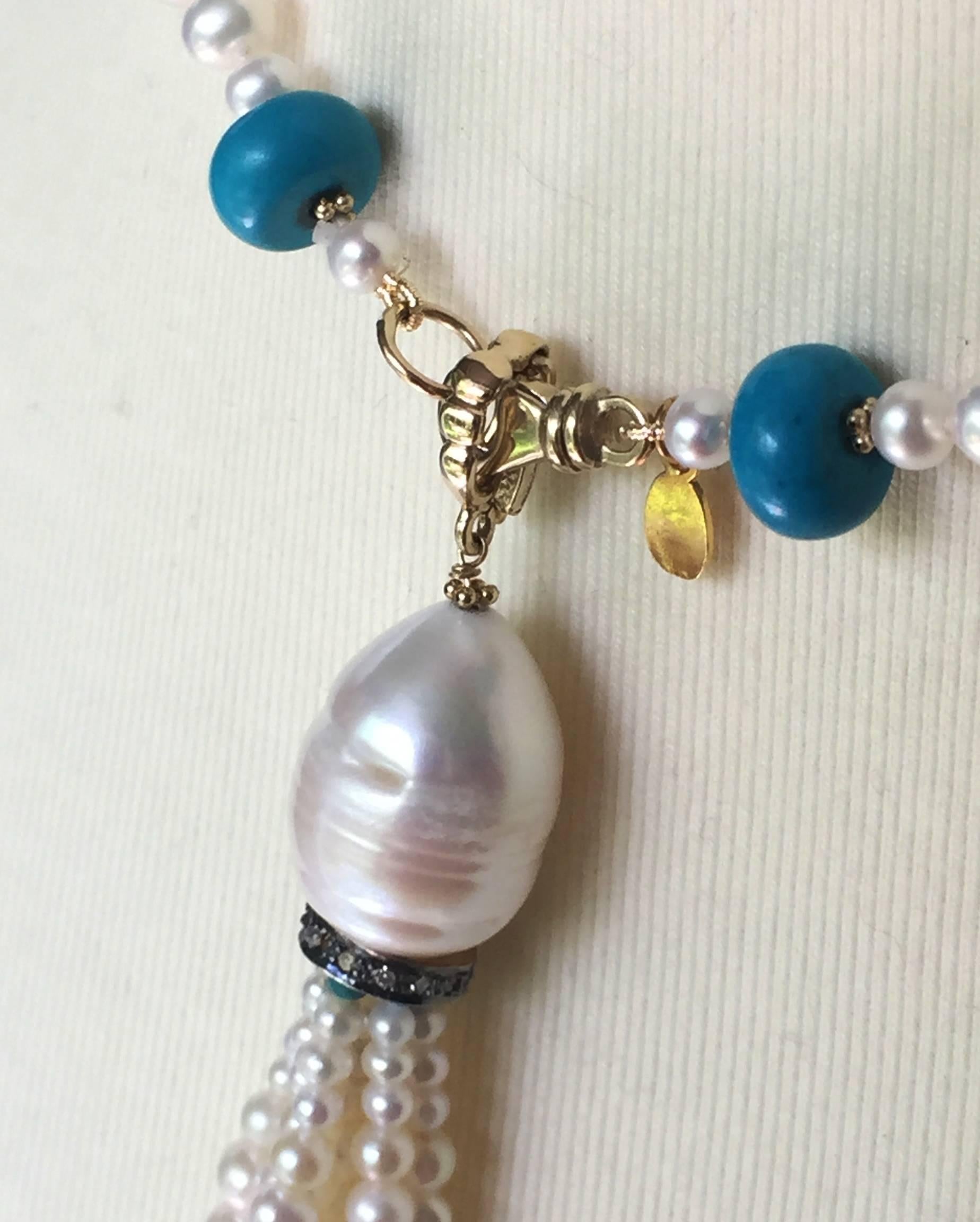 Women's Marina J Graduated Pearl and Turquoise Sautoir with 14k Gold Beads and Clasp