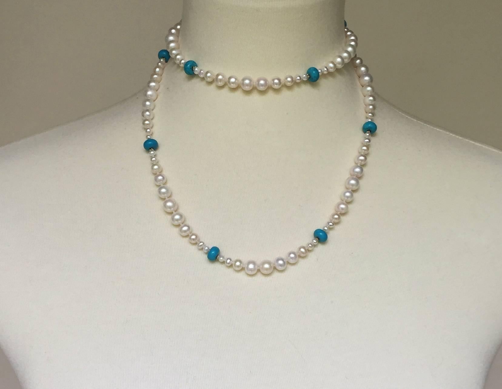 Marina J Graduated Pearl and Turquoise Sautoir with 14k Gold Beads and Clasp 1