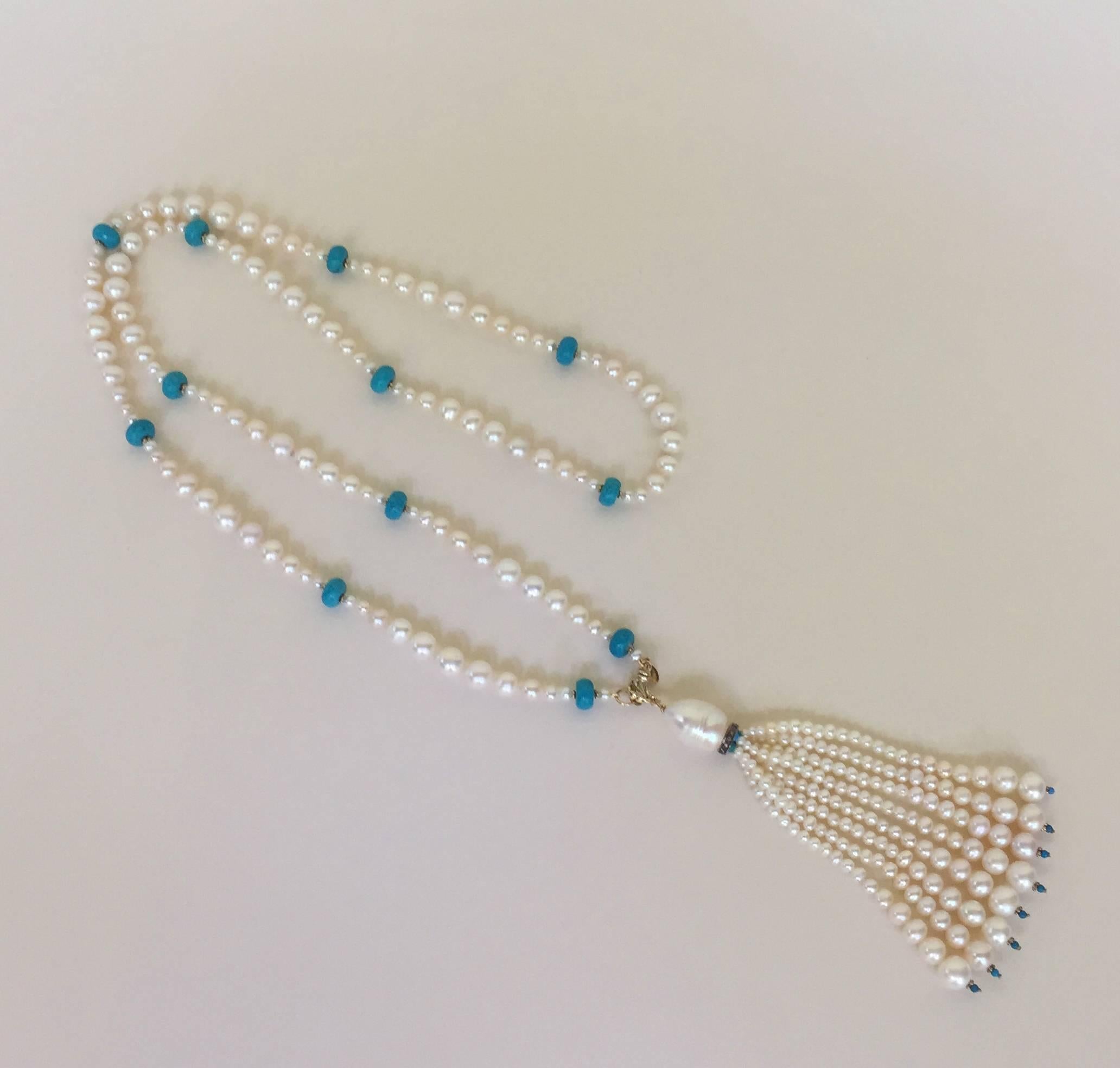 Marina J Graduated Pearl and Turquoise Sautoir with 14k Gold Beads and Clasp 2