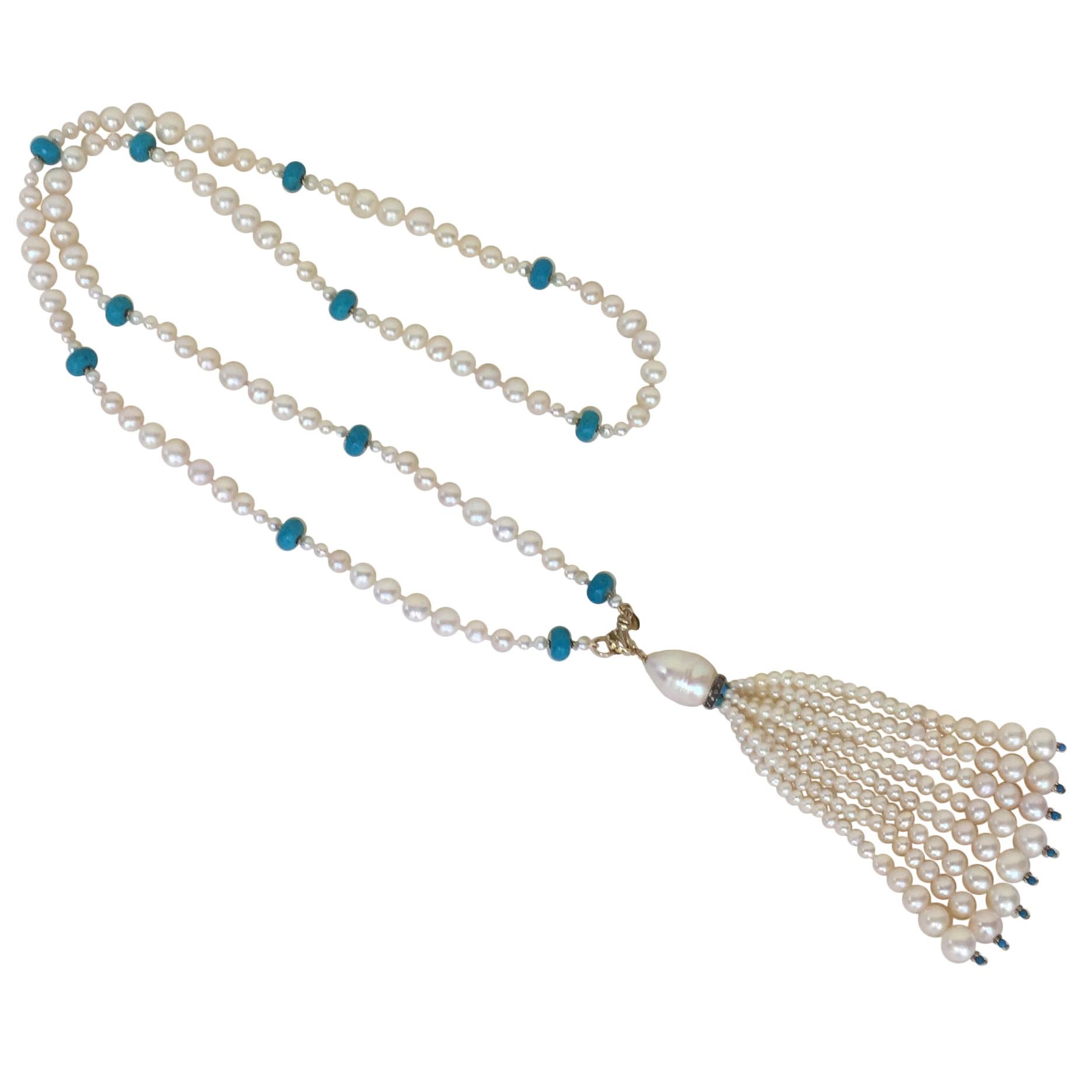 Marina J Graduated Pearl and Turquoise Sautoir with 14k Gold Beads and Clasp